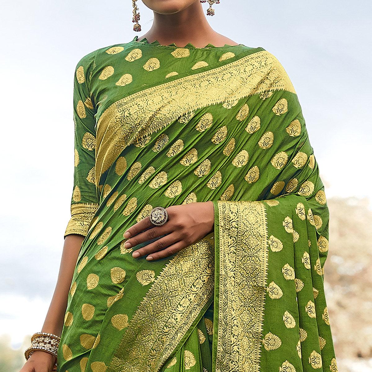 Green Festive Wear Woven Silk Saree - Peachmode