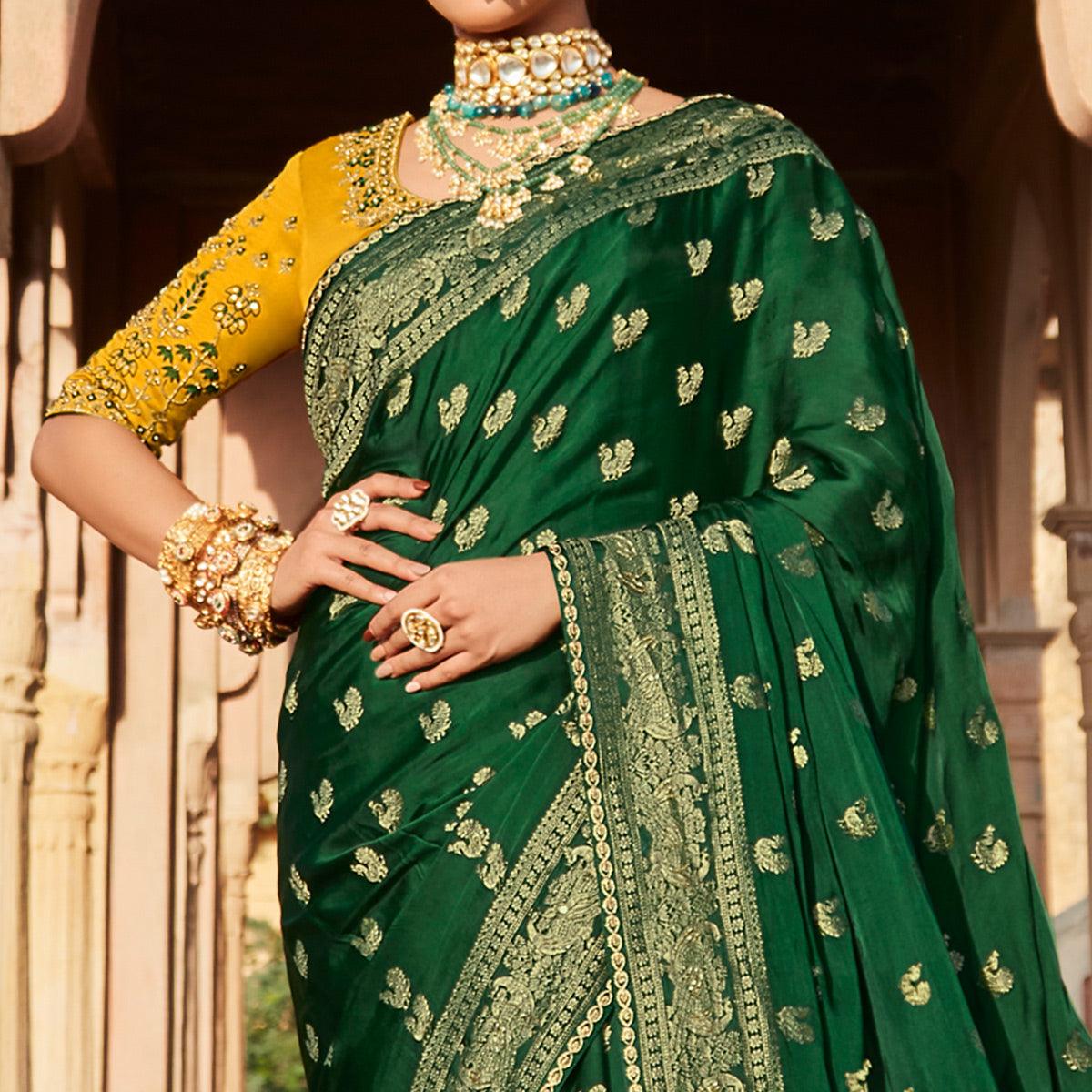 Green Festive Wear Woven Silk Saree - Peachmode