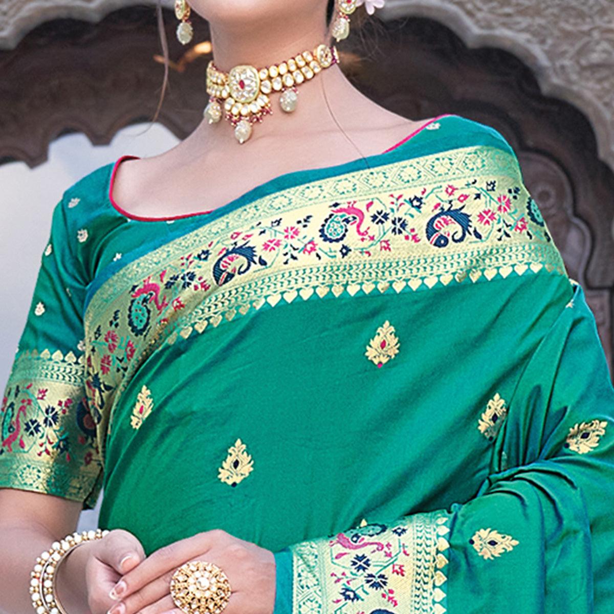 Green Festive Wear Woven Silk Saree - Peachmode