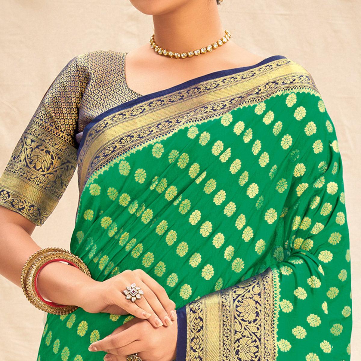 Green Festive Wear Woven Silk Saree - Peachmode