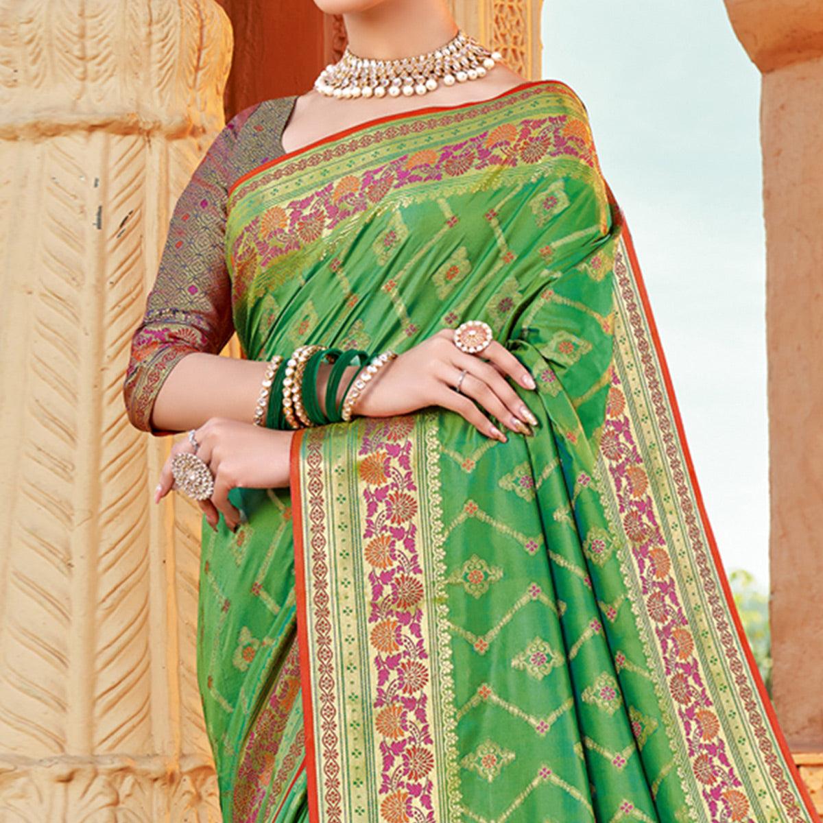 Green Festive Wear Woven Silk Saree - Peachmode