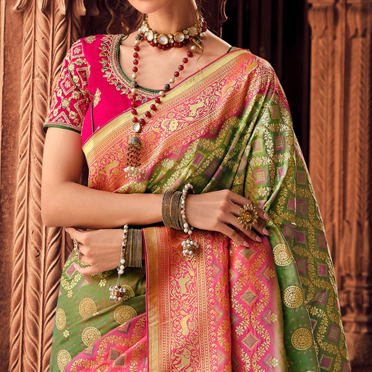 Green Festive Wear Woven Silk Saree - Peachmode