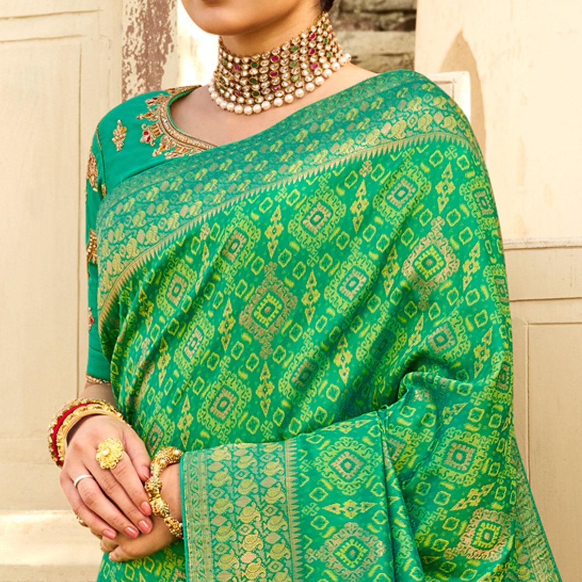 Green Festive Wear Woven Silk Saree - Peachmode