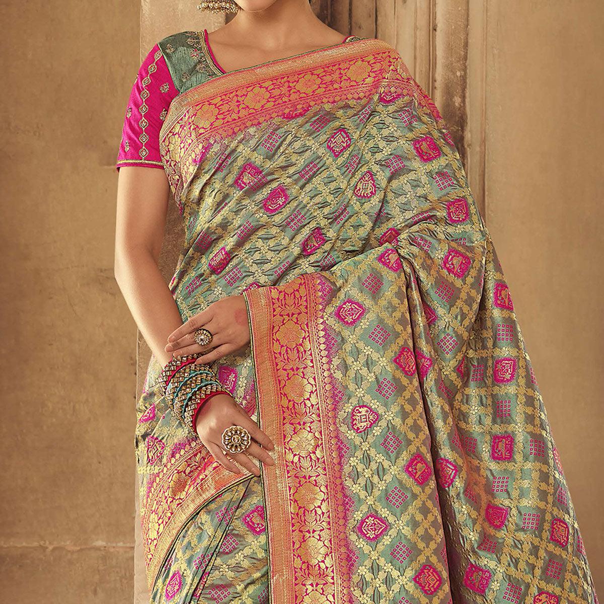 Green Festive Wear Woven Silk Saree - Peachmode