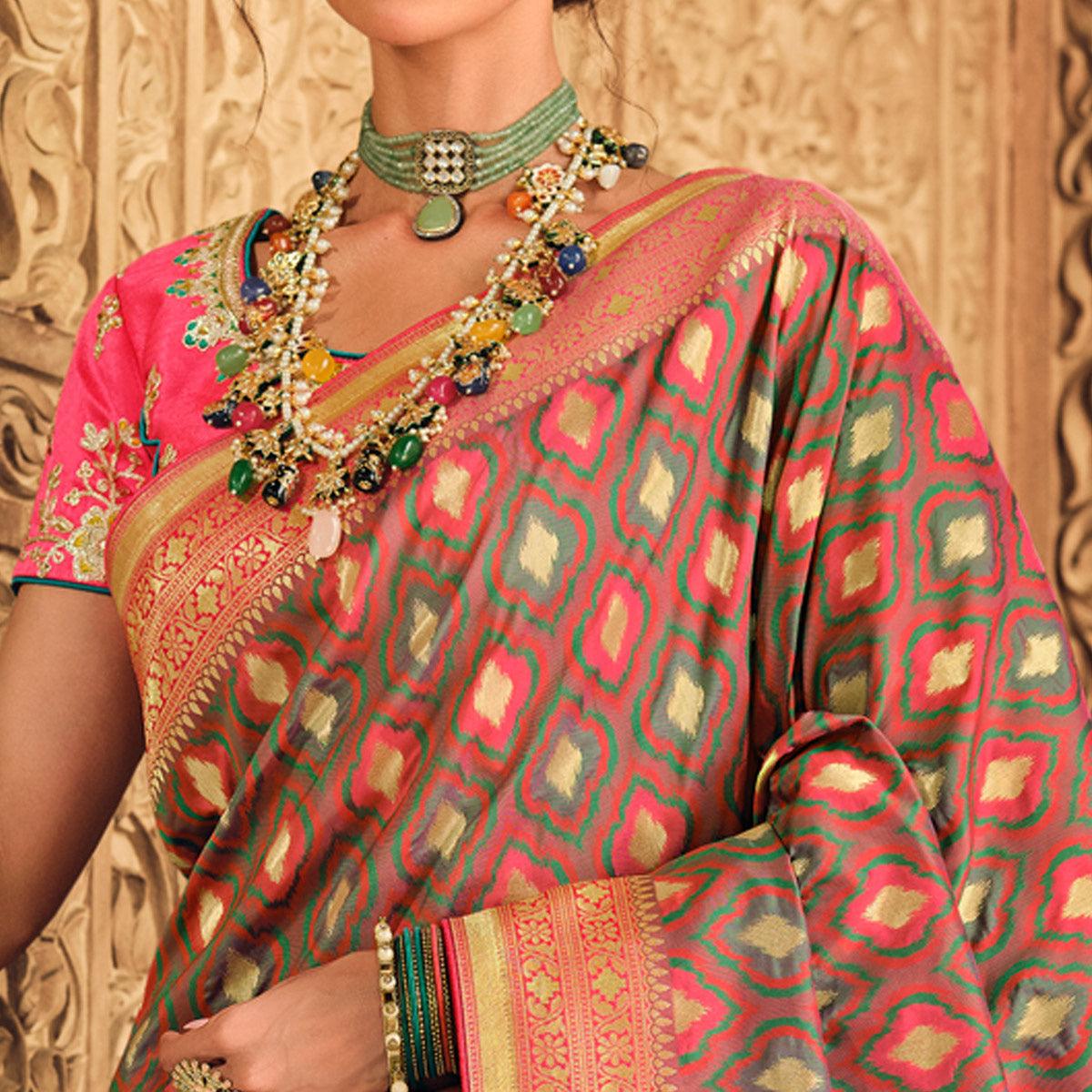 Green Festive Wear Woven Silk Saree - Peachmode