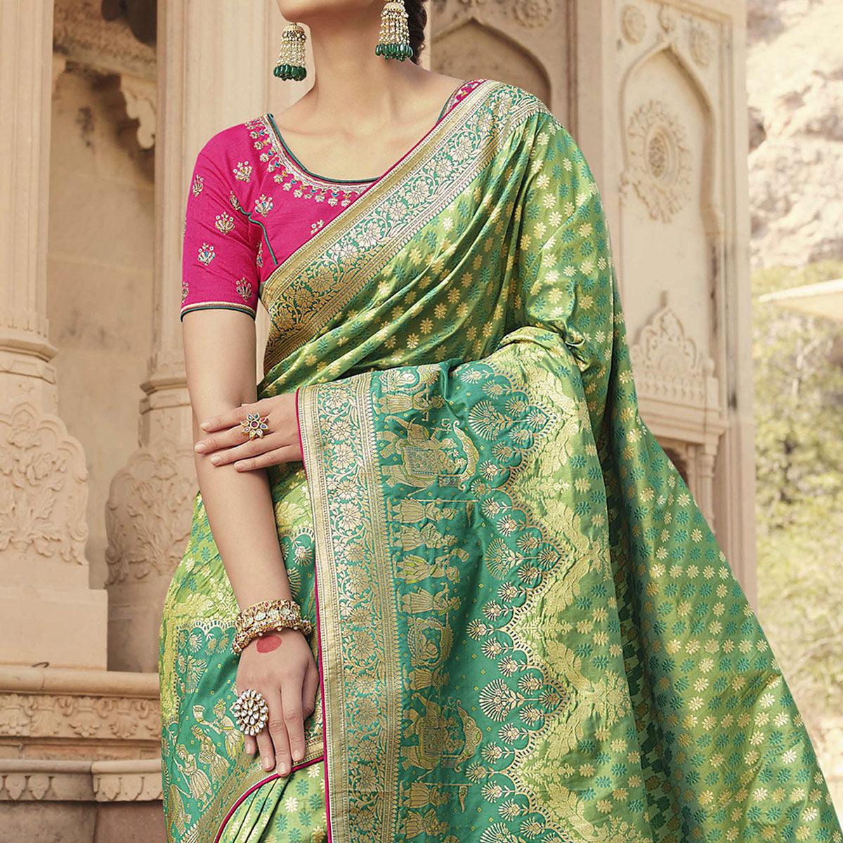Green Festive Wear Woven Silk Saree - Peachmode