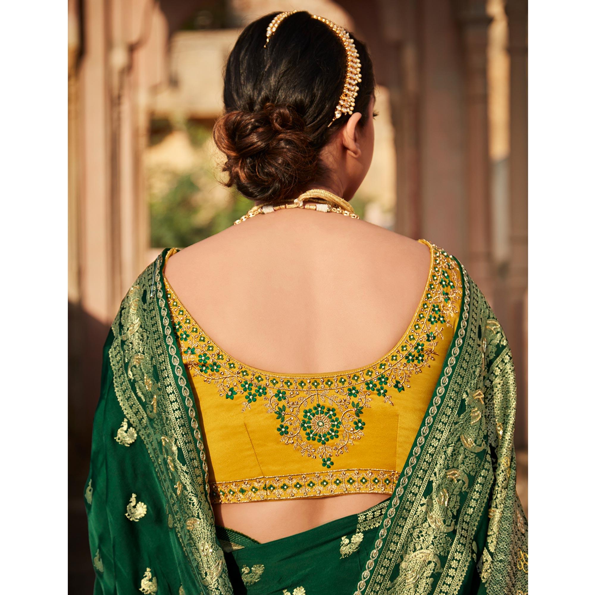 Green Festive Wear Woven Silk Saree - Peachmode