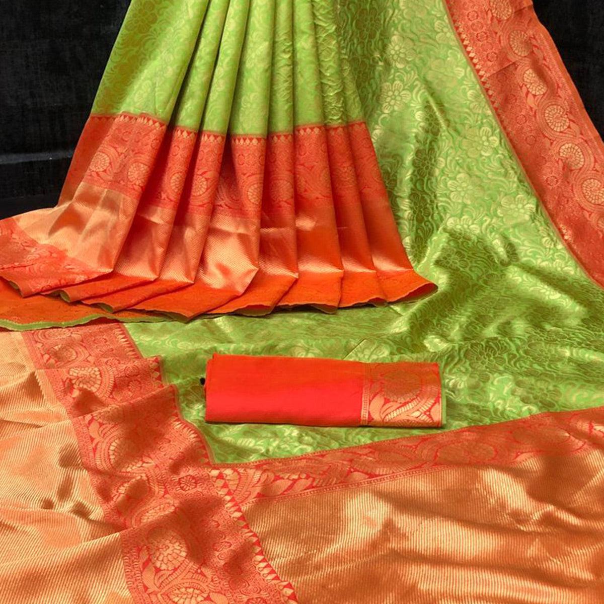 Green Festive Wear Woven Silk Saree - Peachmode