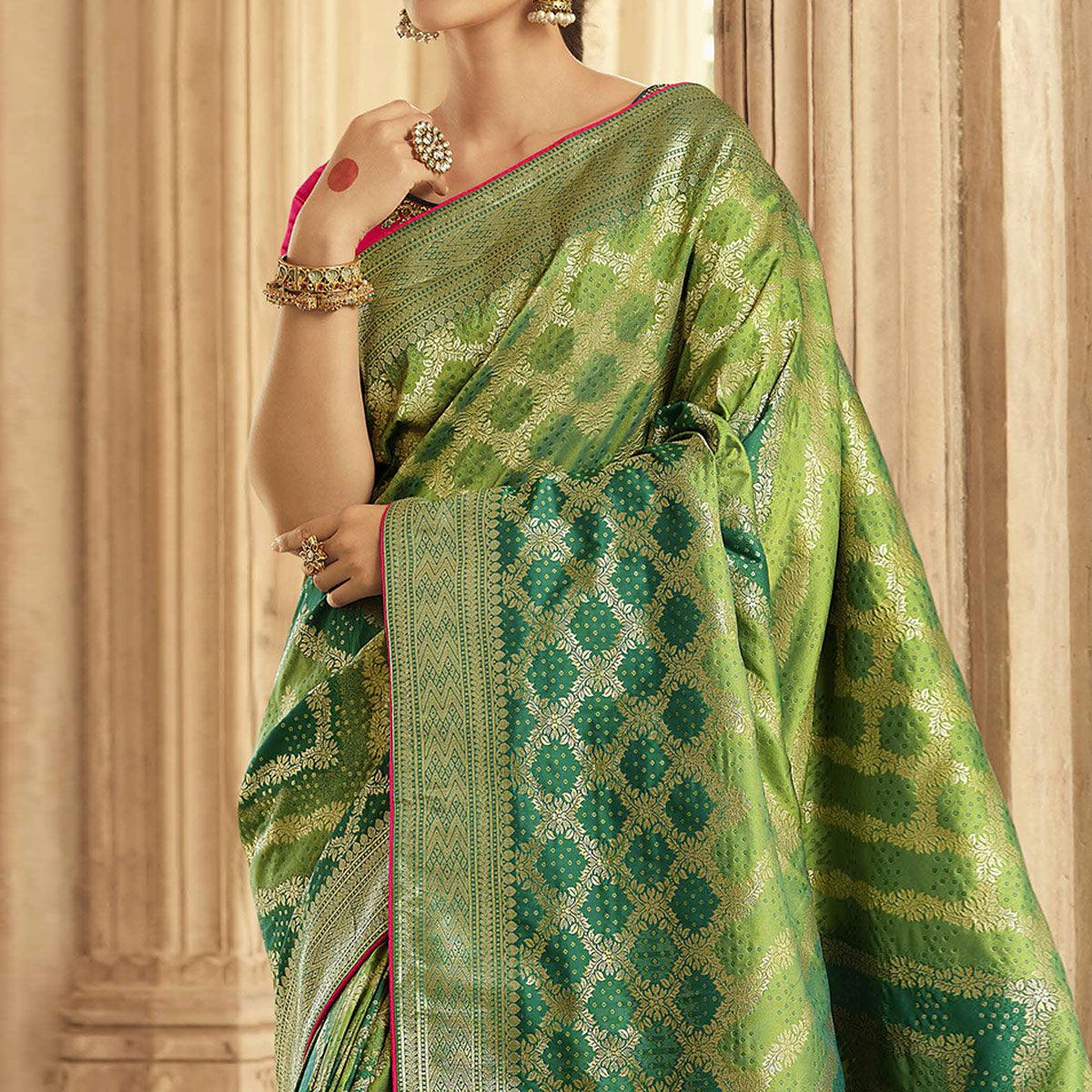Green Festive Wear Woven Silk Saree - Peachmode