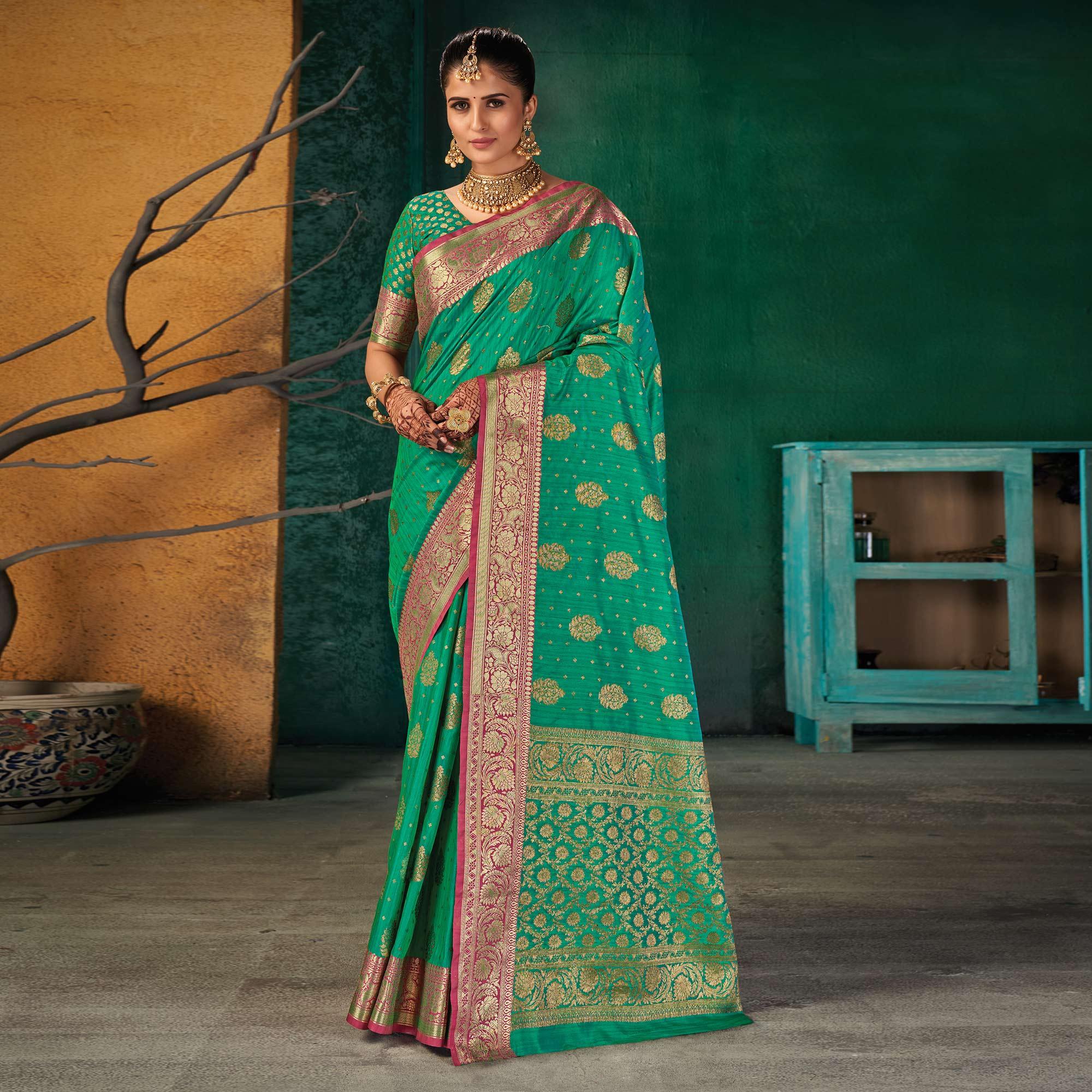 Green Festive Wear Woven Silk Saree - Peachmode