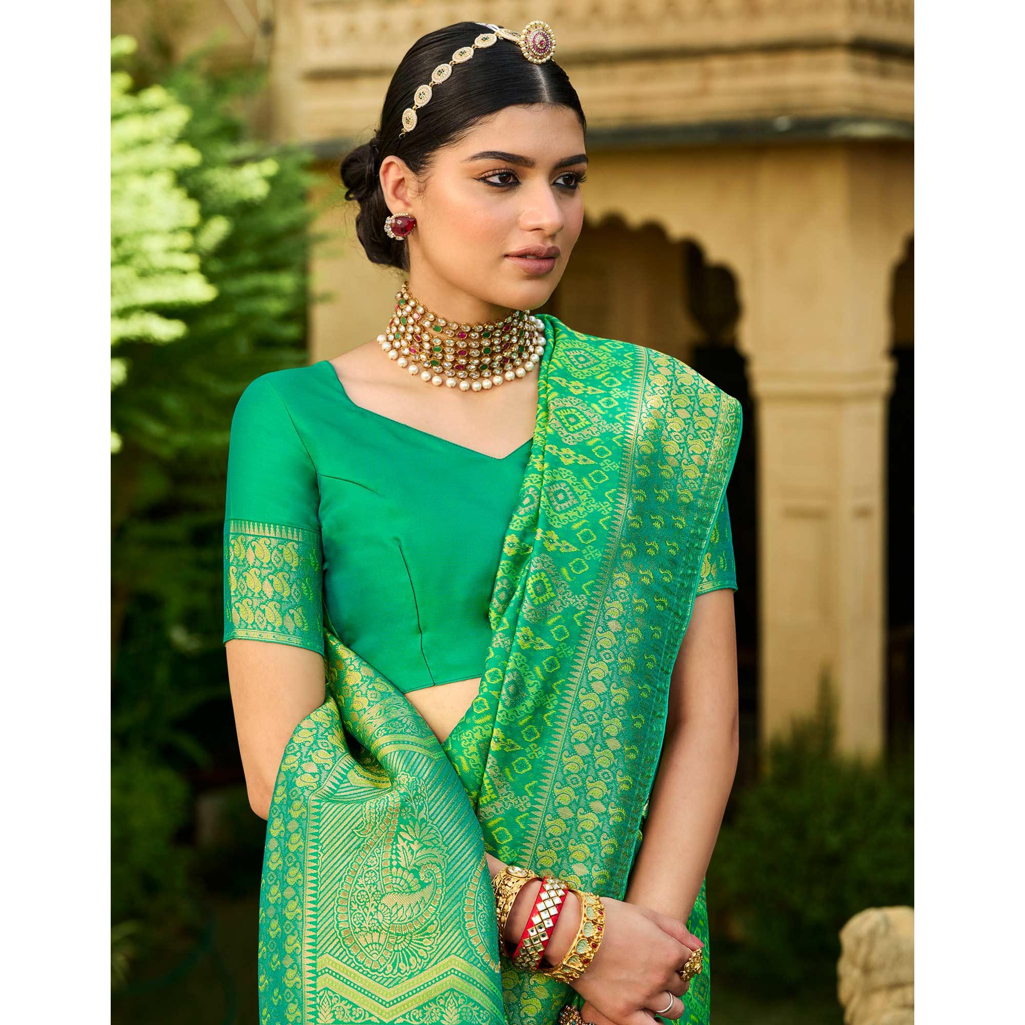 Green Festive Wear Woven Silk Saree - Peachmode