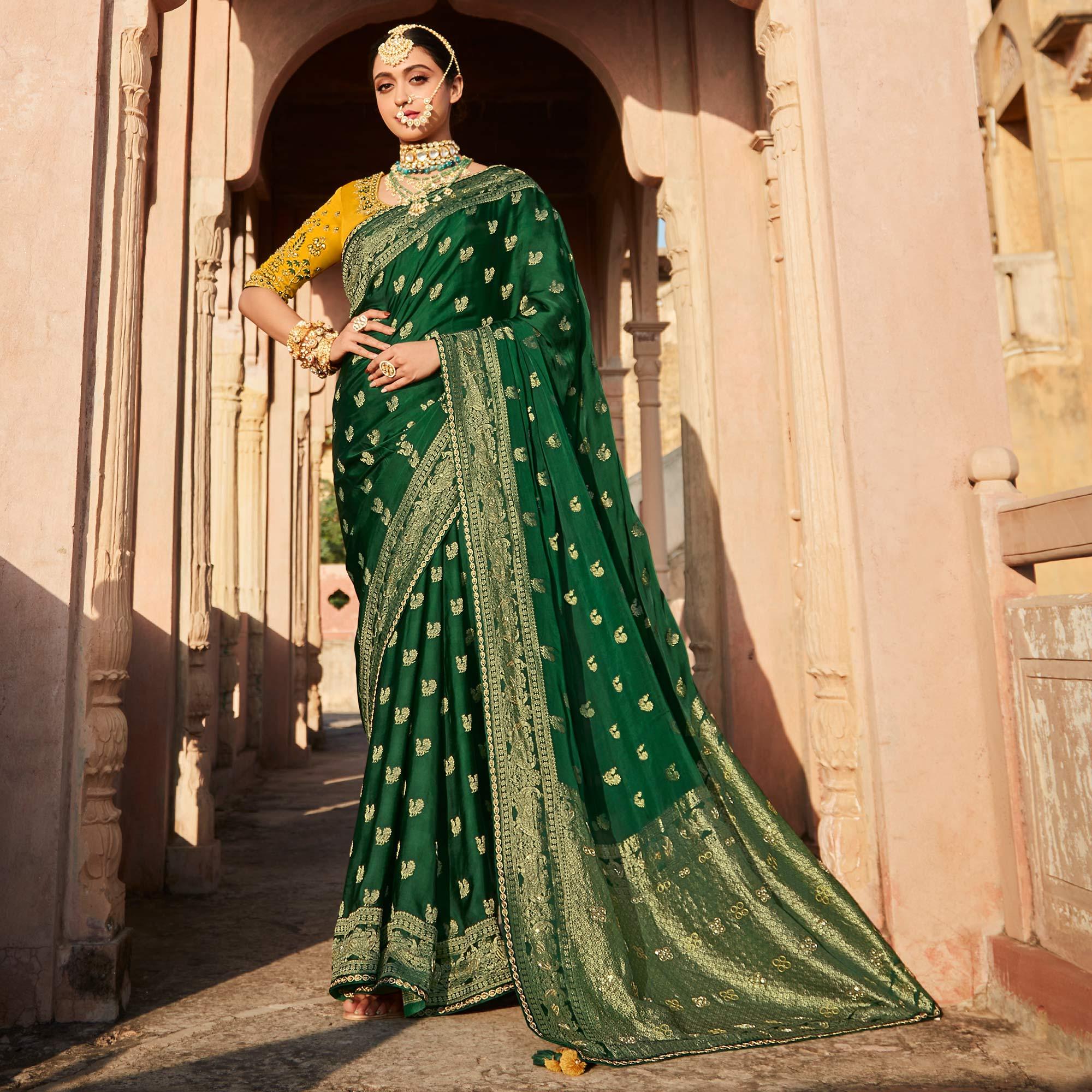 Green Festive Wear Woven Silk Saree - Peachmode