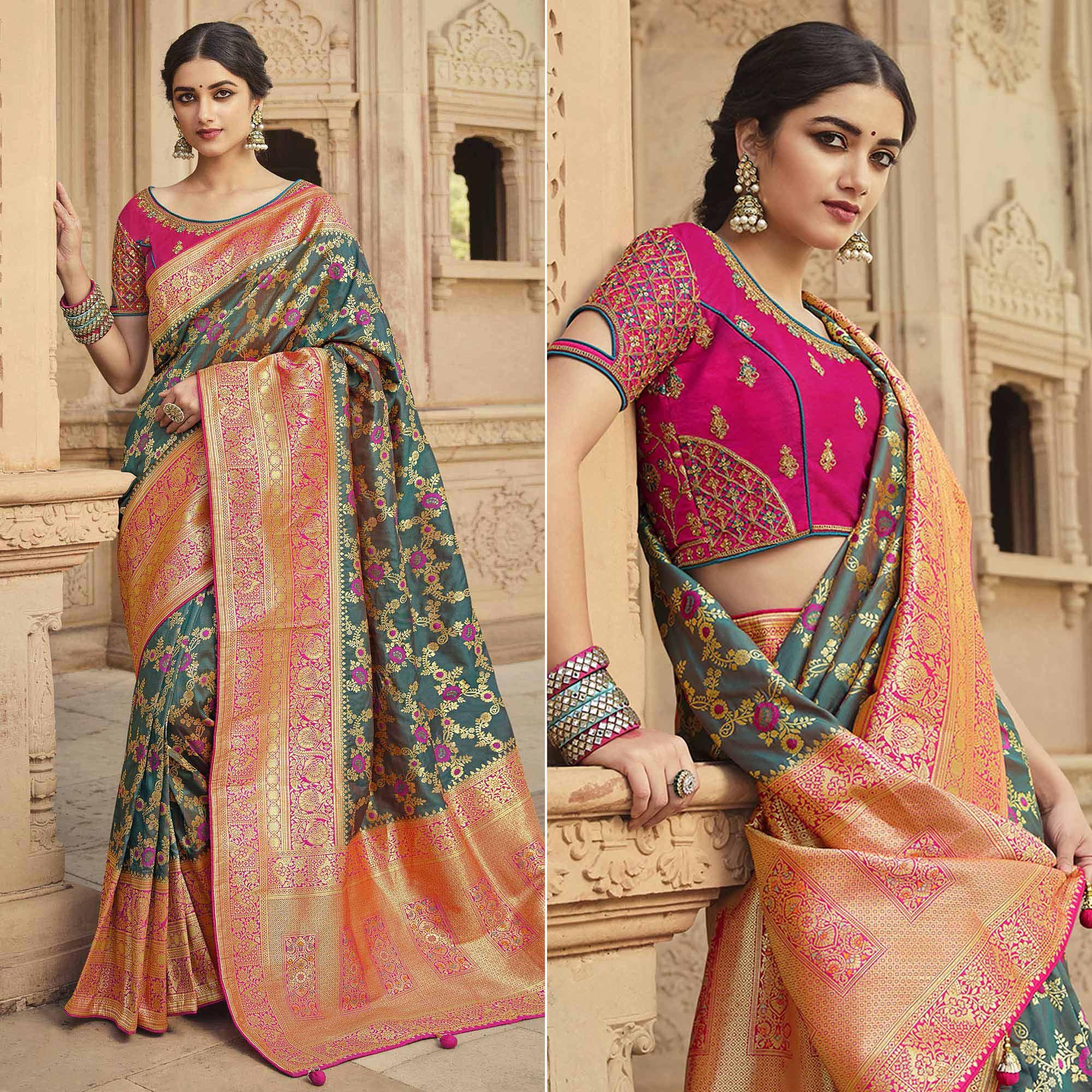 Green Festive Wear Woven Silk Saree - Peachmode