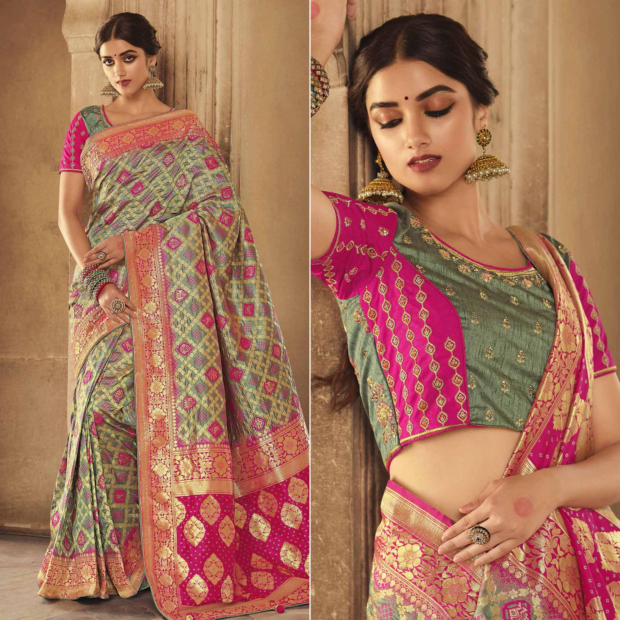 Green Festive Wear Woven Silk Saree - Peachmode