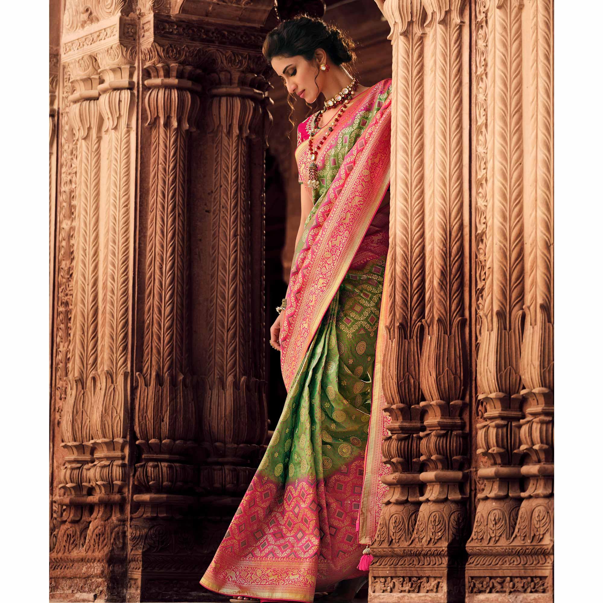 Green Festive Wear Woven Silk Saree - Peachmode