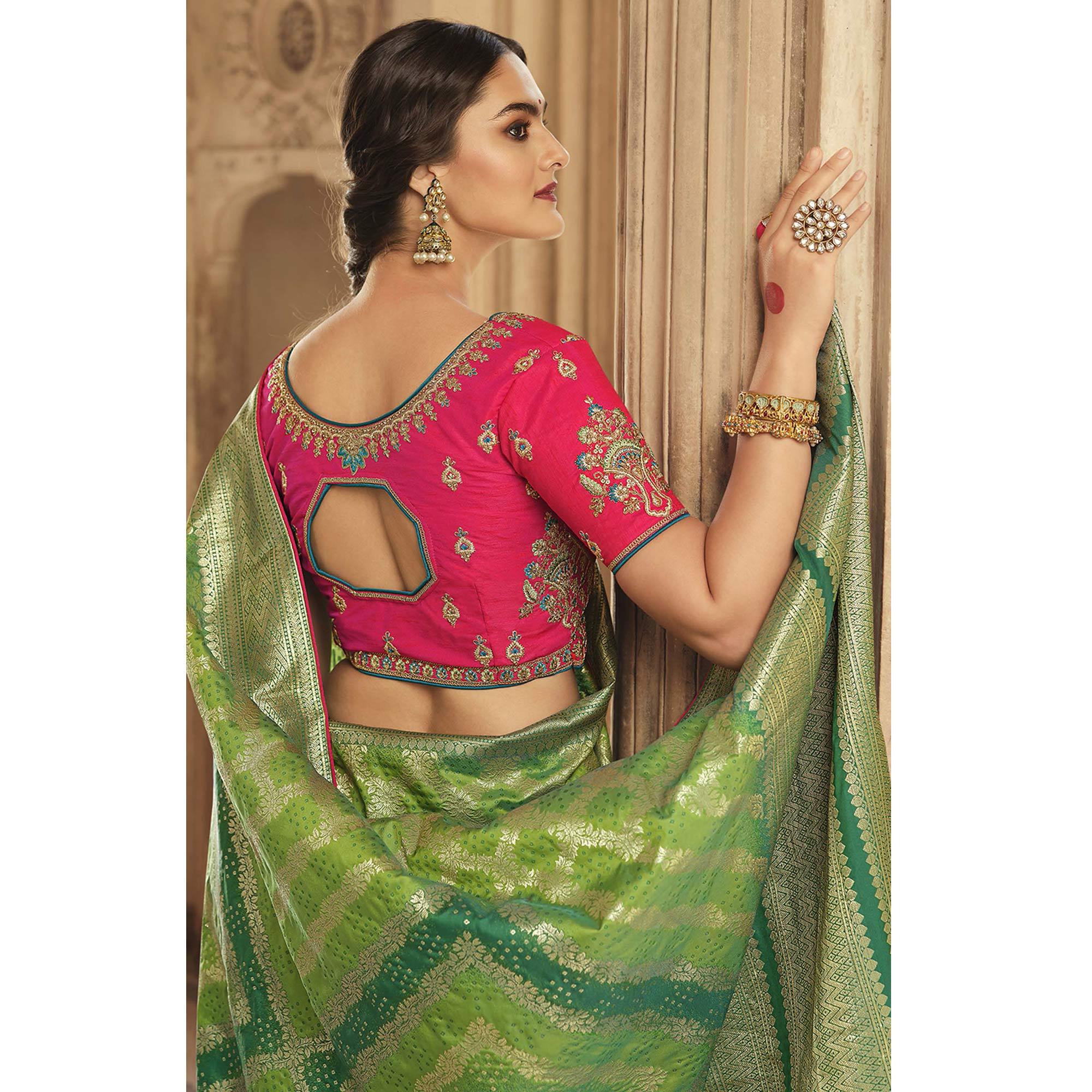 Green Festive Wear Woven Silk Saree - Peachmode