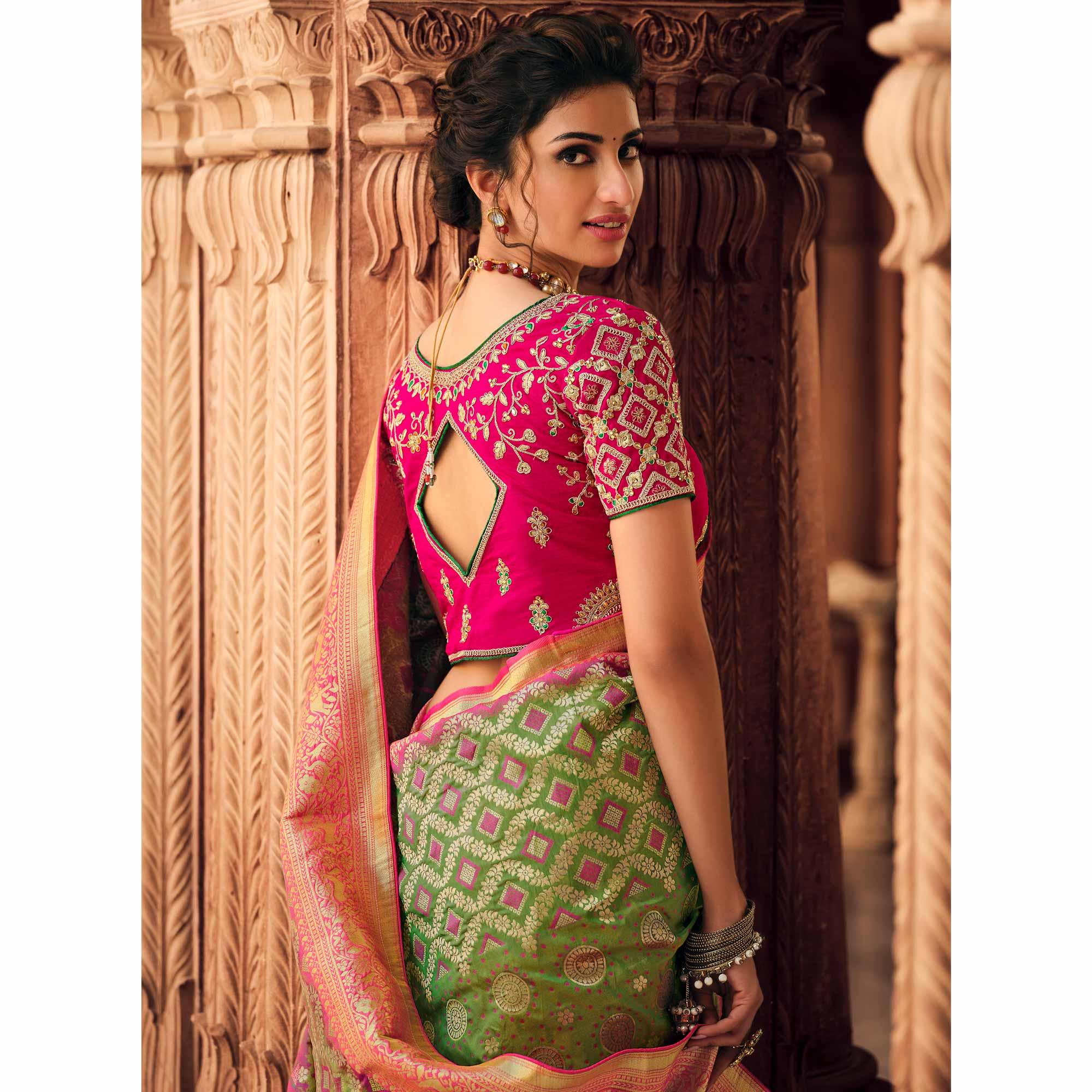 Green Festive Wear Woven Silk Saree - Peachmode
