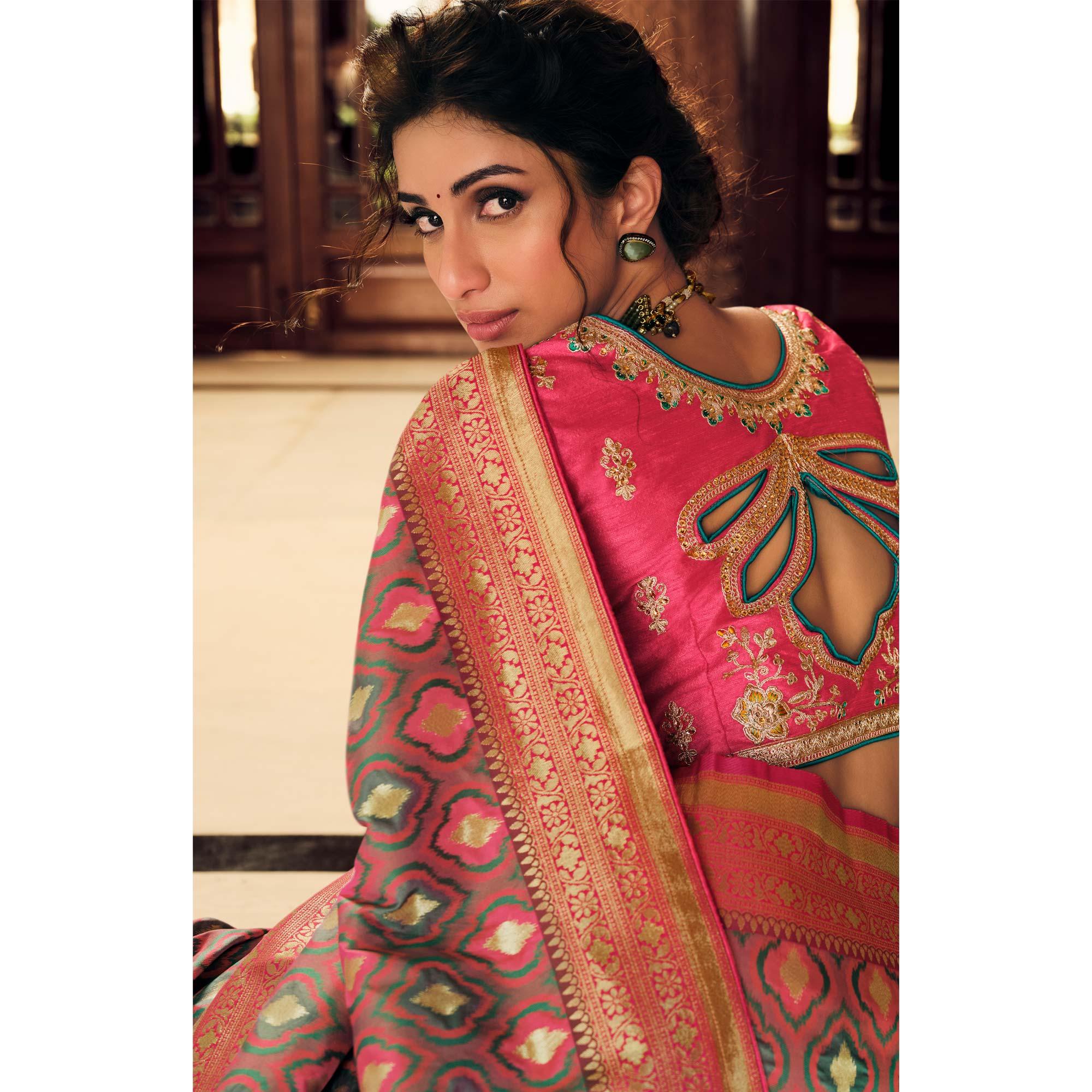 Green Festive Wear Woven Silk Saree - Peachmode