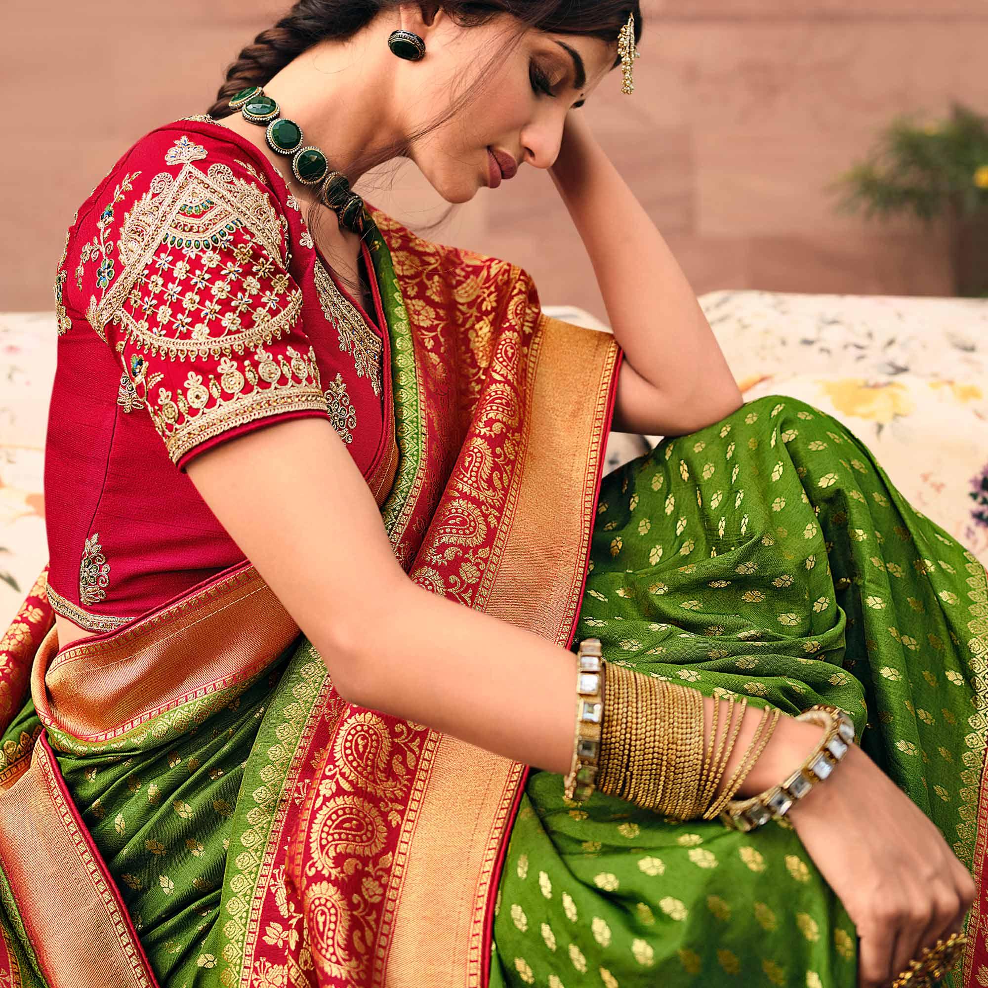 Green Festive Wear Woven Silk Saree - Peachmode