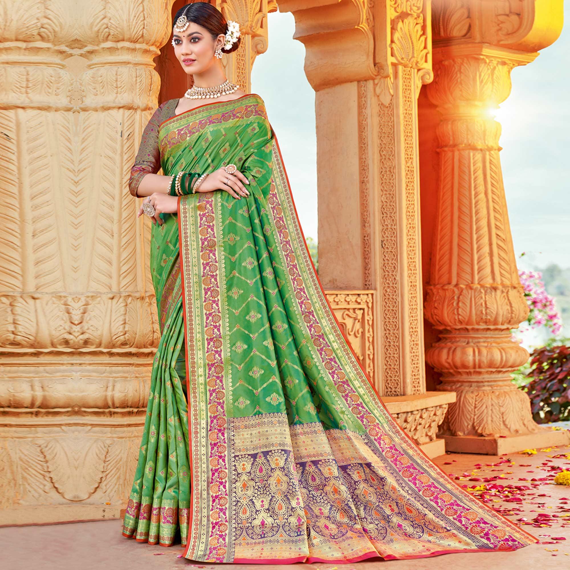 Green Festive Wear Woven Silk Saree - Peachmode