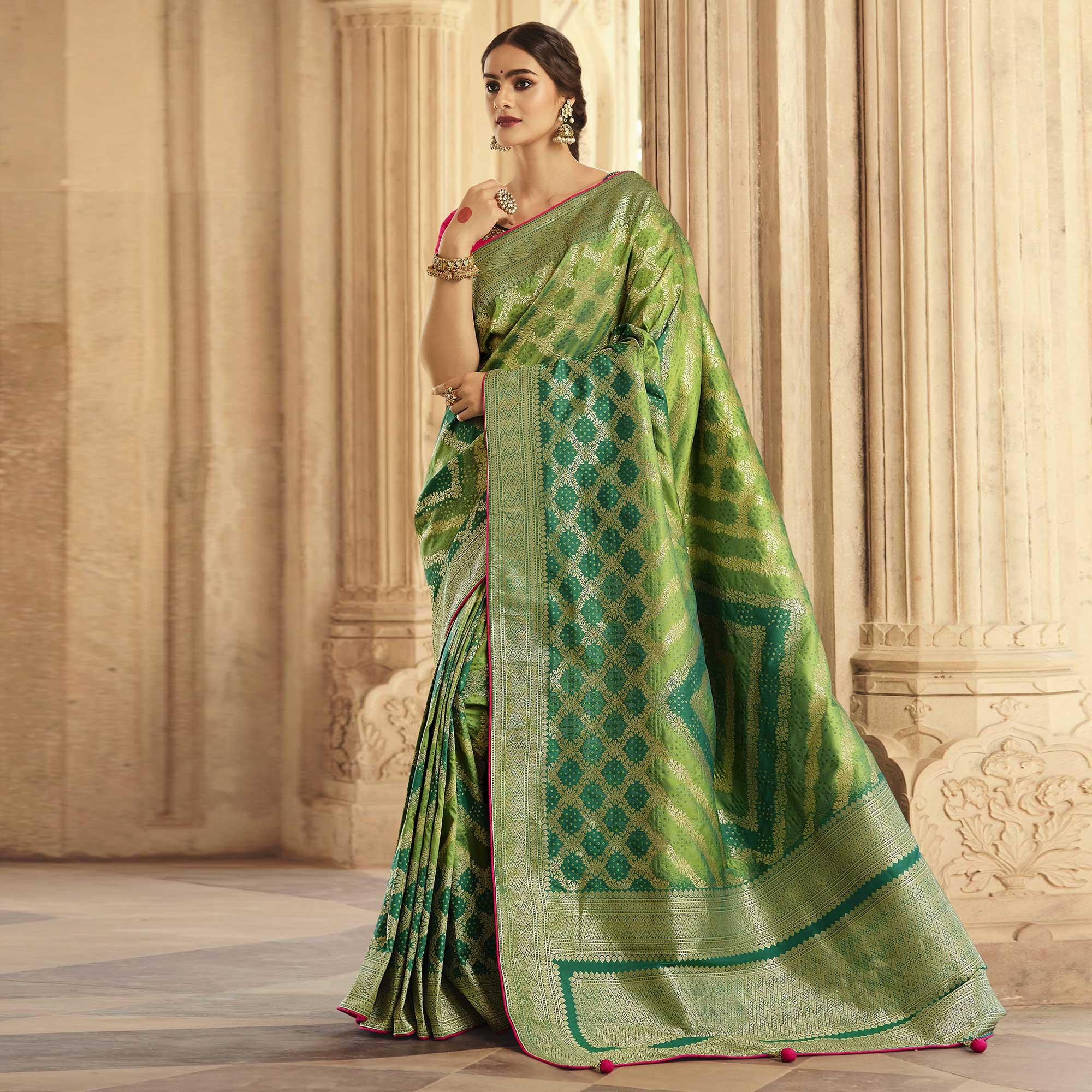 Green Festive Wear Woven Silk Saree - Peachmode