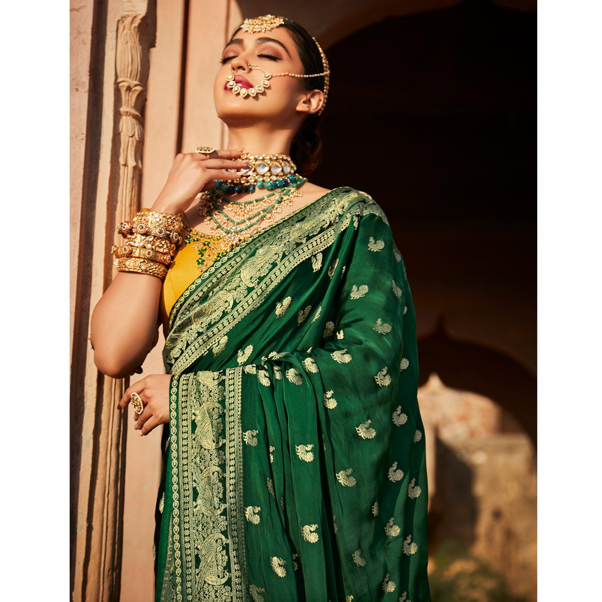 Green Festive Wear Woven Silk Saree - Peachmode