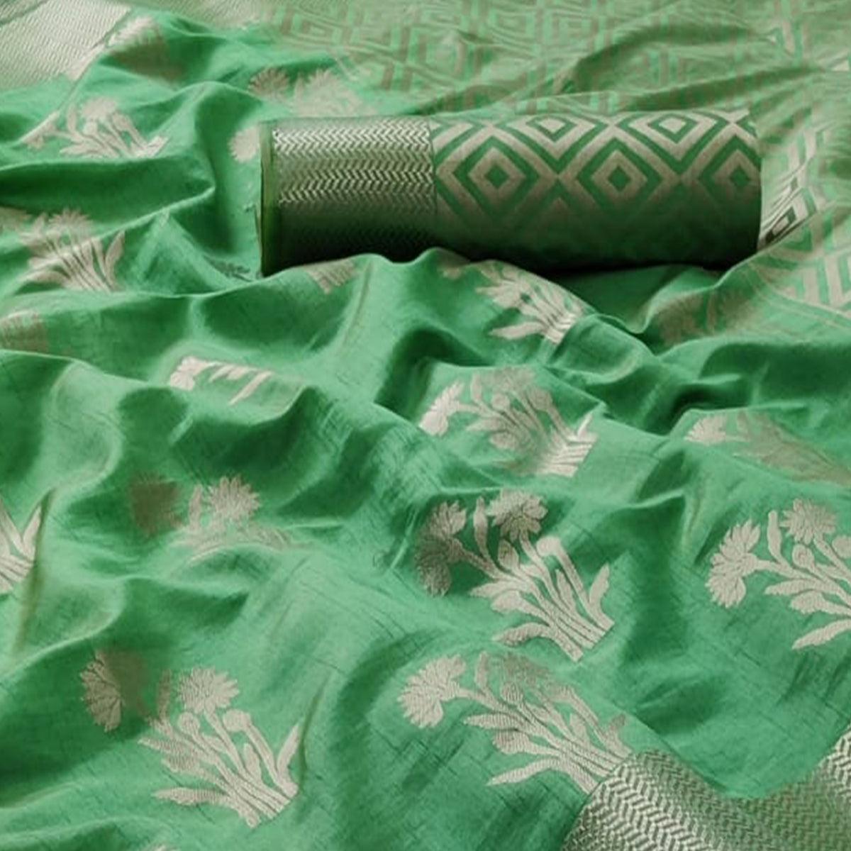 Green Festive Wear Woven Silk Saree With Butta Pallu - Peachmode