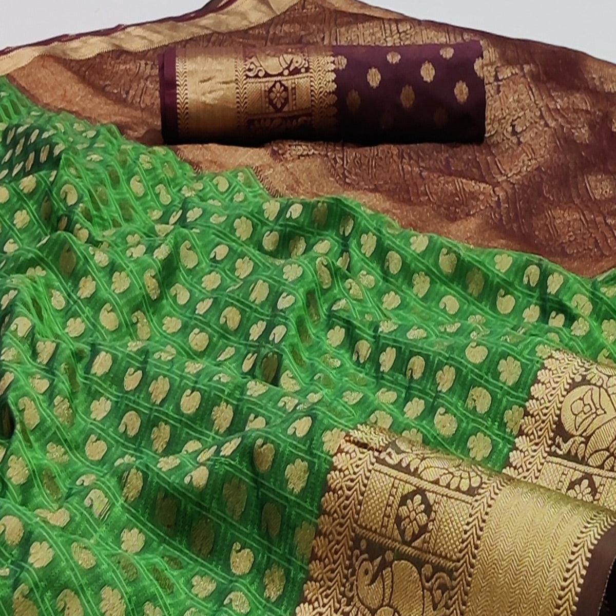 Green Festive Wear Woven Silk Saree With Jacquard Border - Peachmode