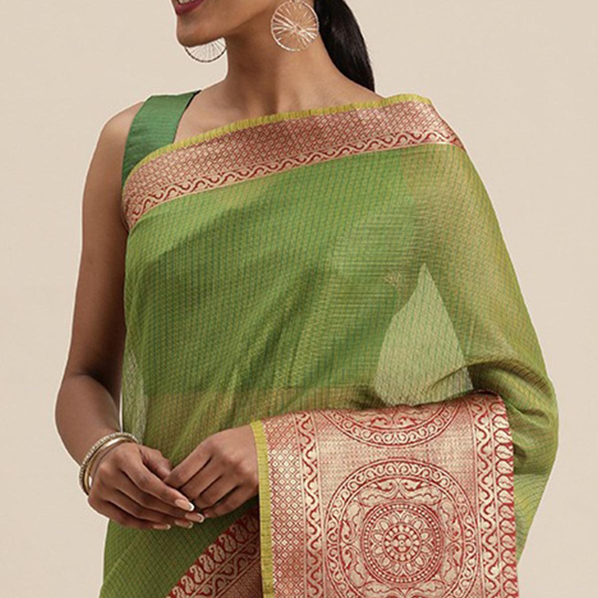 Green Festive Wear Woven Silk Saree With Jacquard Border - Peachmode
