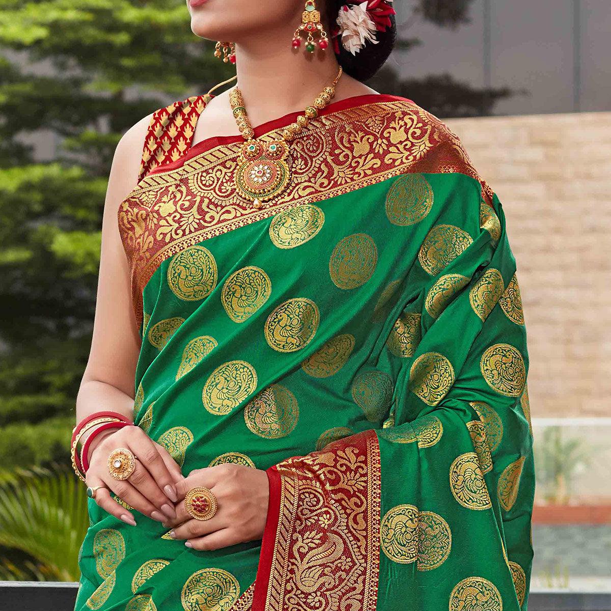 Green Festive Wear Woven Silk Saree With Meena Butta Rich Pallu - Peachmode