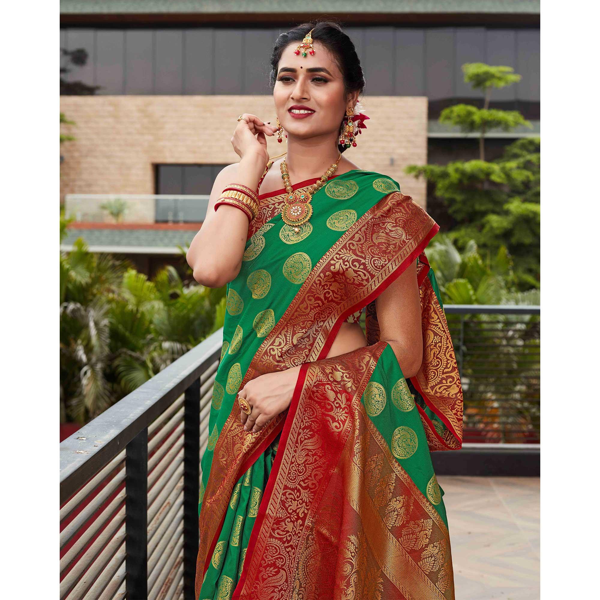 Green Festive Wear Woven Silk Saree With Meena Butta Rich Pallu - Peachmode