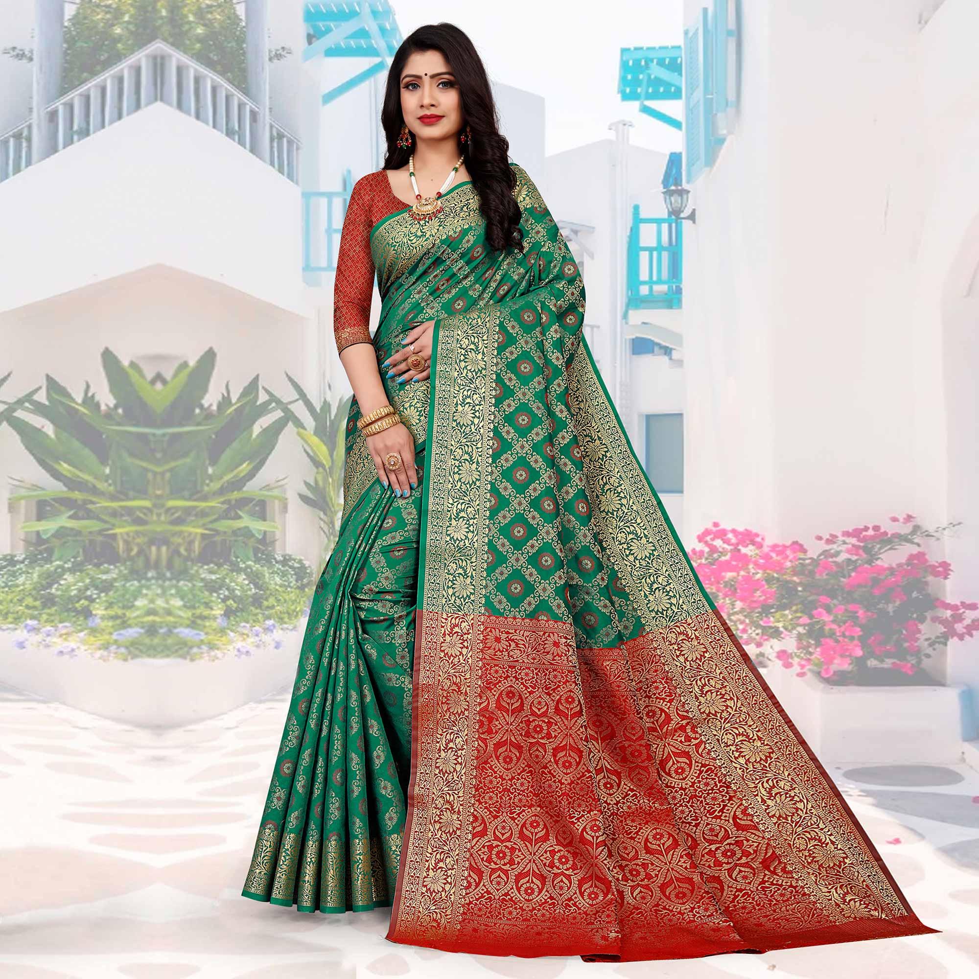 Green Festive Wear Woven Silk Saree With Patola Rich Pallu - Peachmode