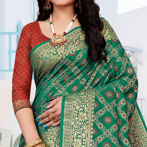 Green Festive Wear Woven Silk Saree With Patola Rich Pallu - Peachmode