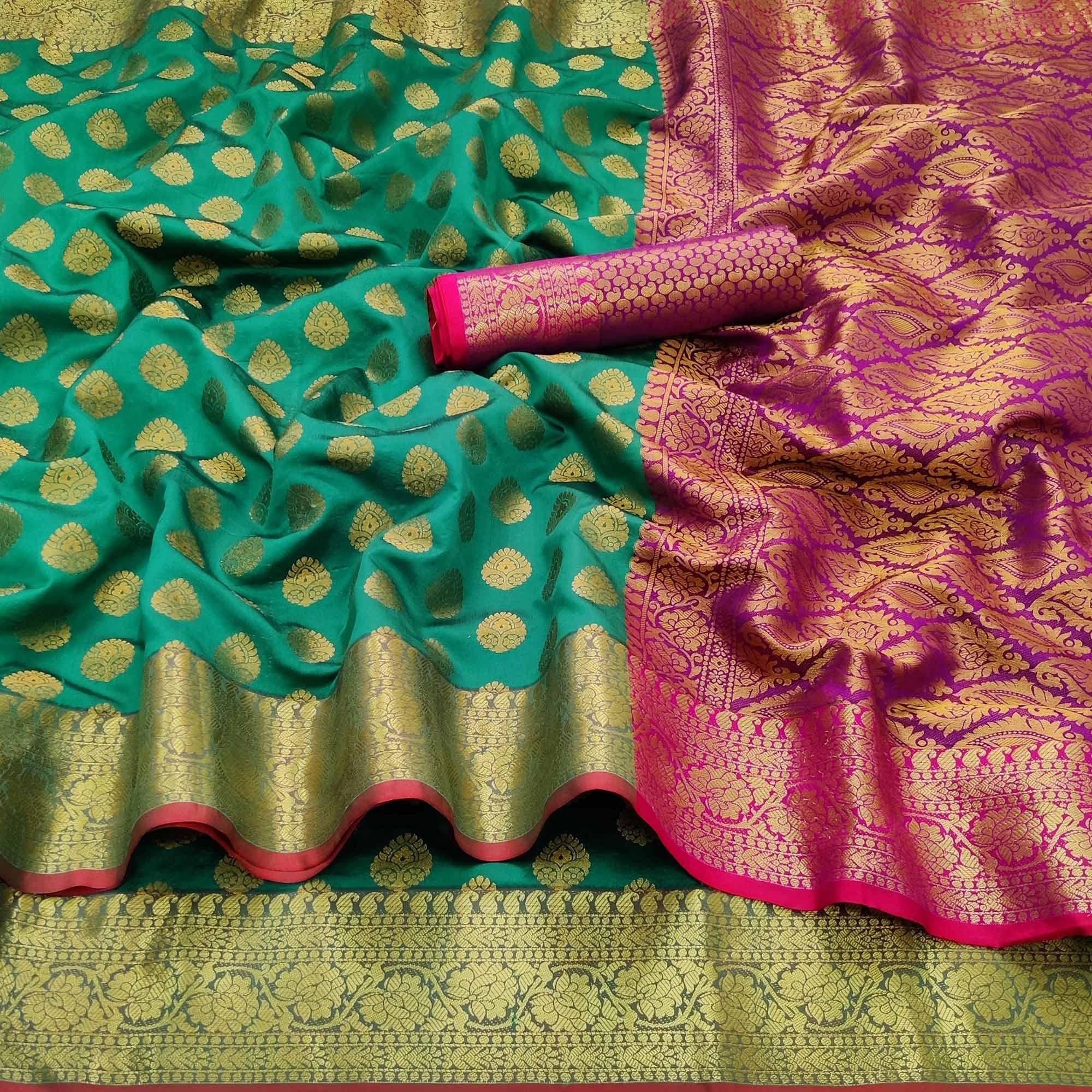 Green Festive Wear Woven Silk Saree With Rich Pallu - Peachmode