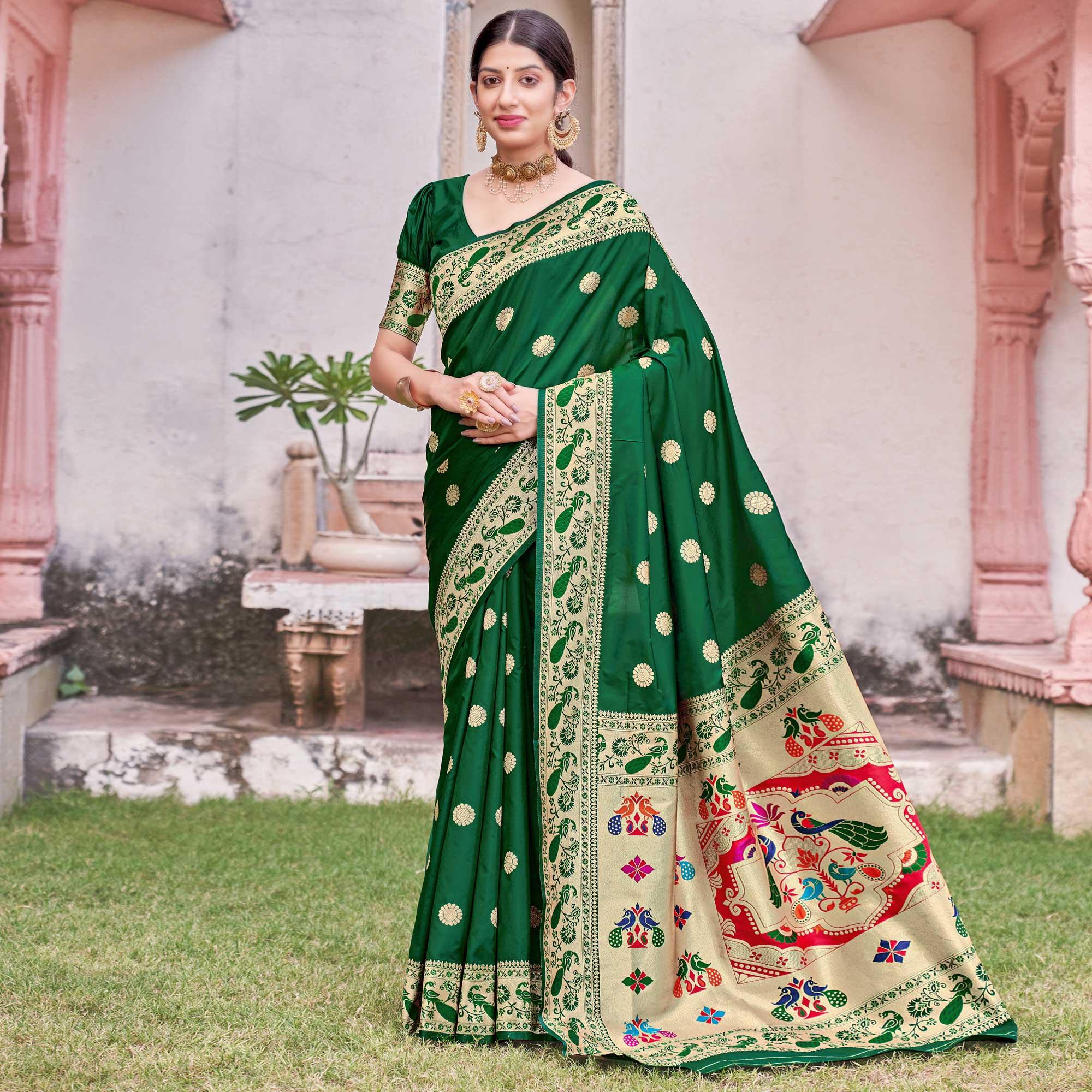 Green Festive Wear Woven Soft Banarasi Silk Saree - Peachmode