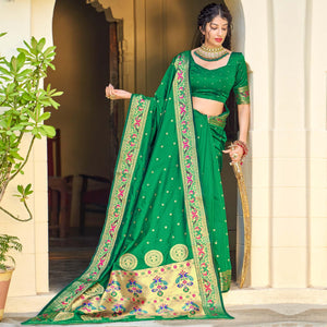 Green Festive Wear Woven Soft Banarasi Silk Saree - Peachmode
