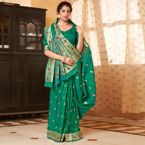 Green Festive Wear Woven Soft Banarasi Silk Saree - Peachmode