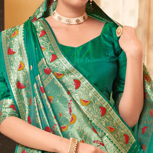 Green Festive Wear Woven Soft Banarasi Silk Saree - Peachmode