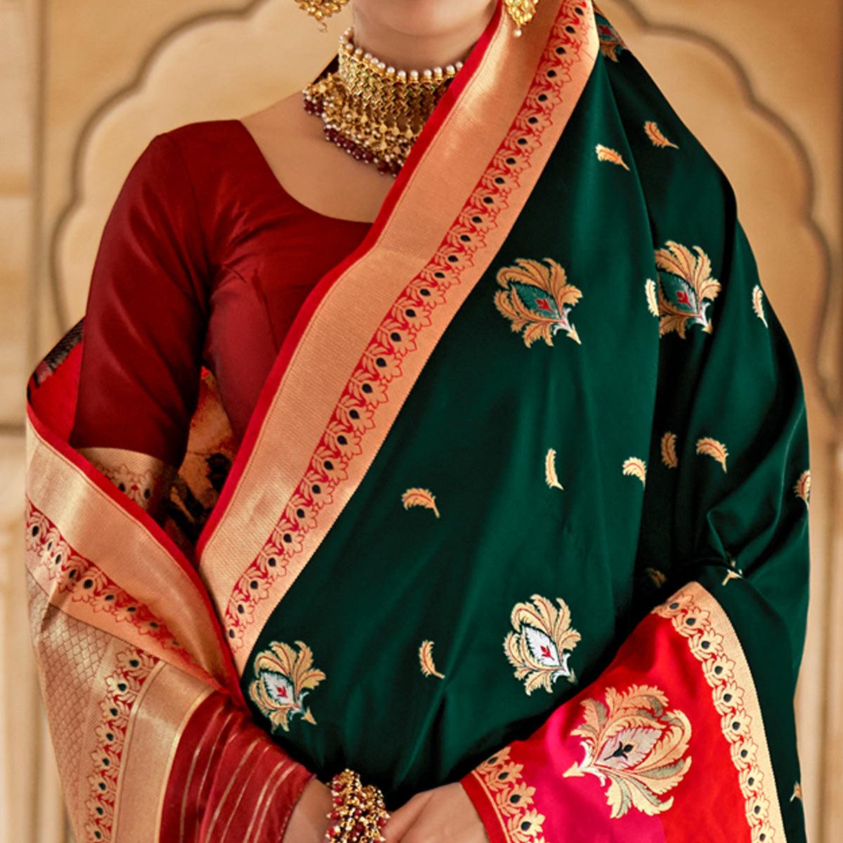 Green Festive Wear Woven Soft Banarasi Silk Saree - Peachmode