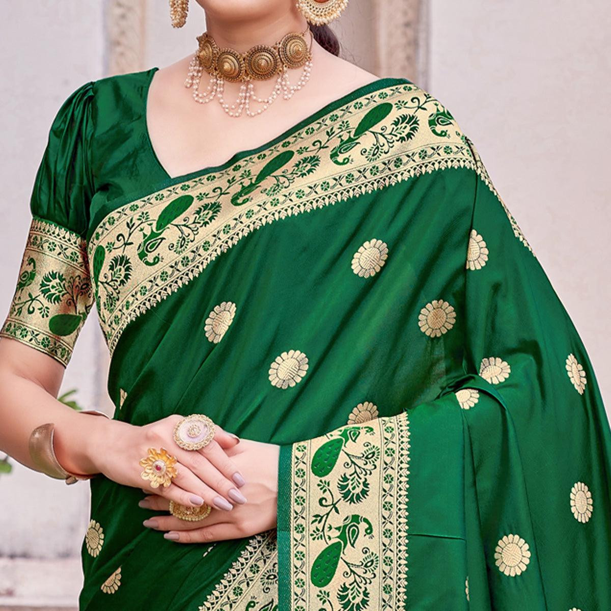 Green Festive Wear Woven Soft Banarasi Silk Saree - Peachmode
