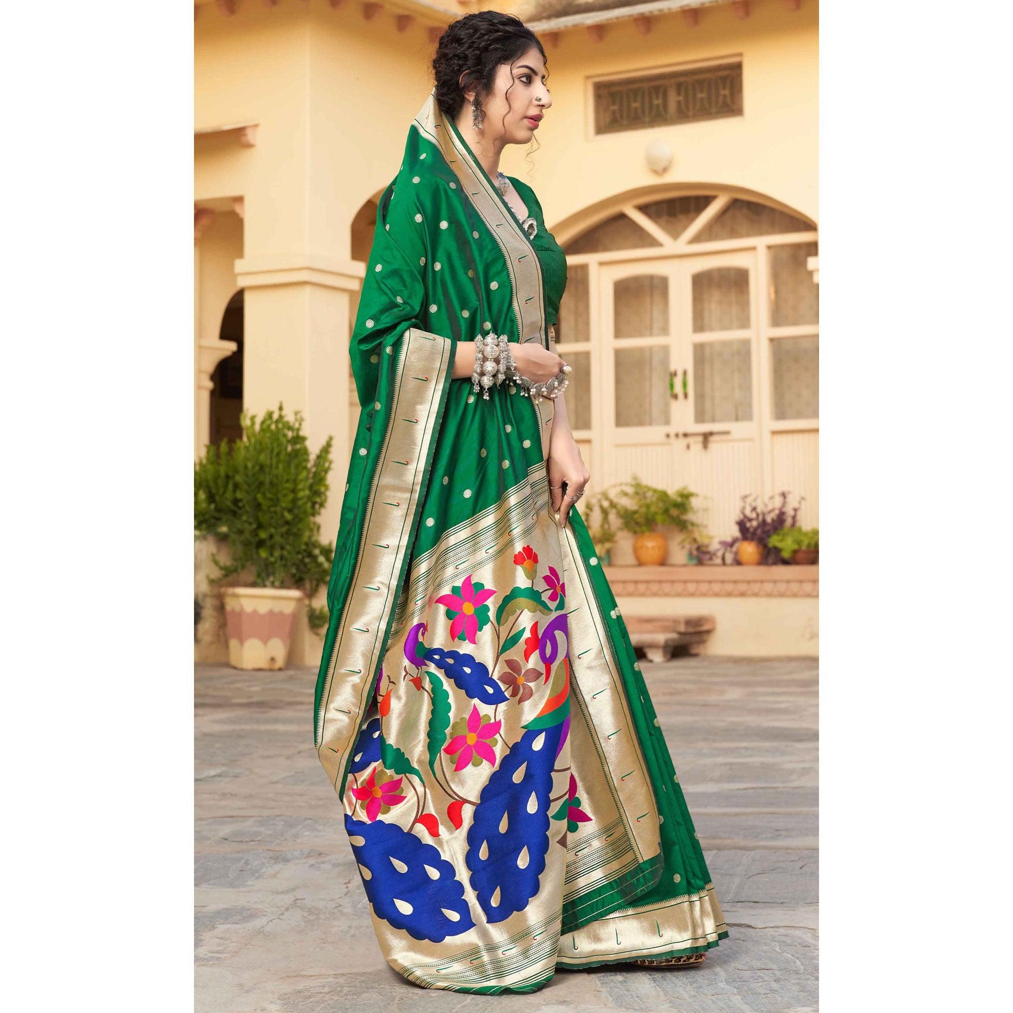Green Festive Wear Woven Soft Banarasi Silk Saree - Peachmode