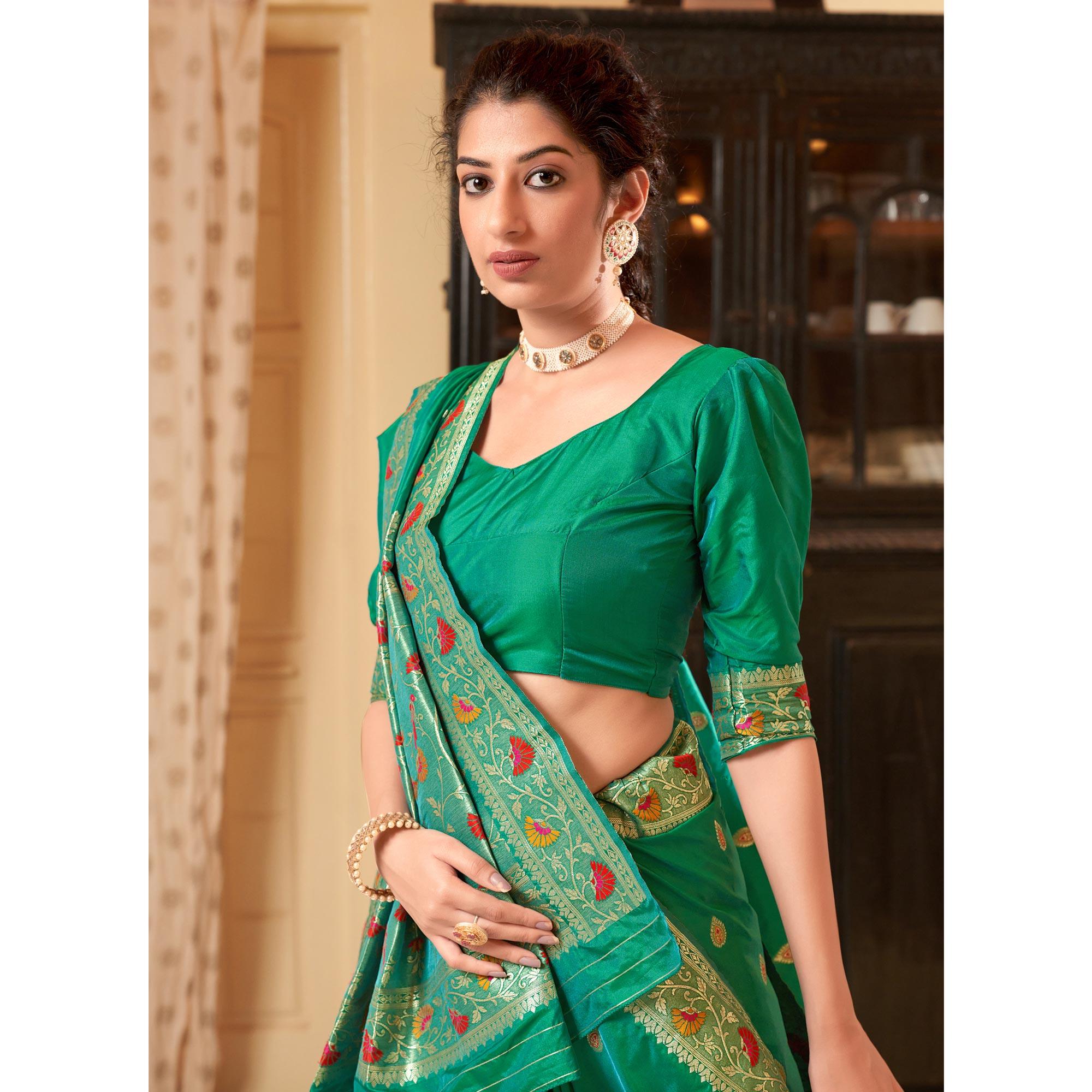Green Festive Wear Woven Soft Banarasi Silk Saree - Peachmode
