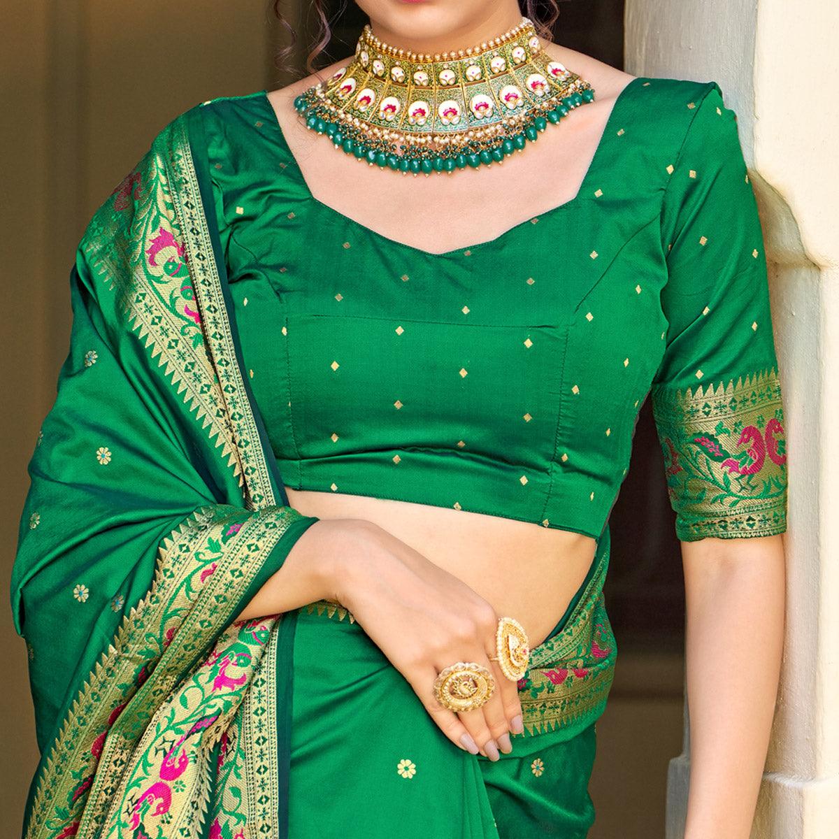 Green Festive Wear Woven Soft Banarasi Silk Saree - Peachmode