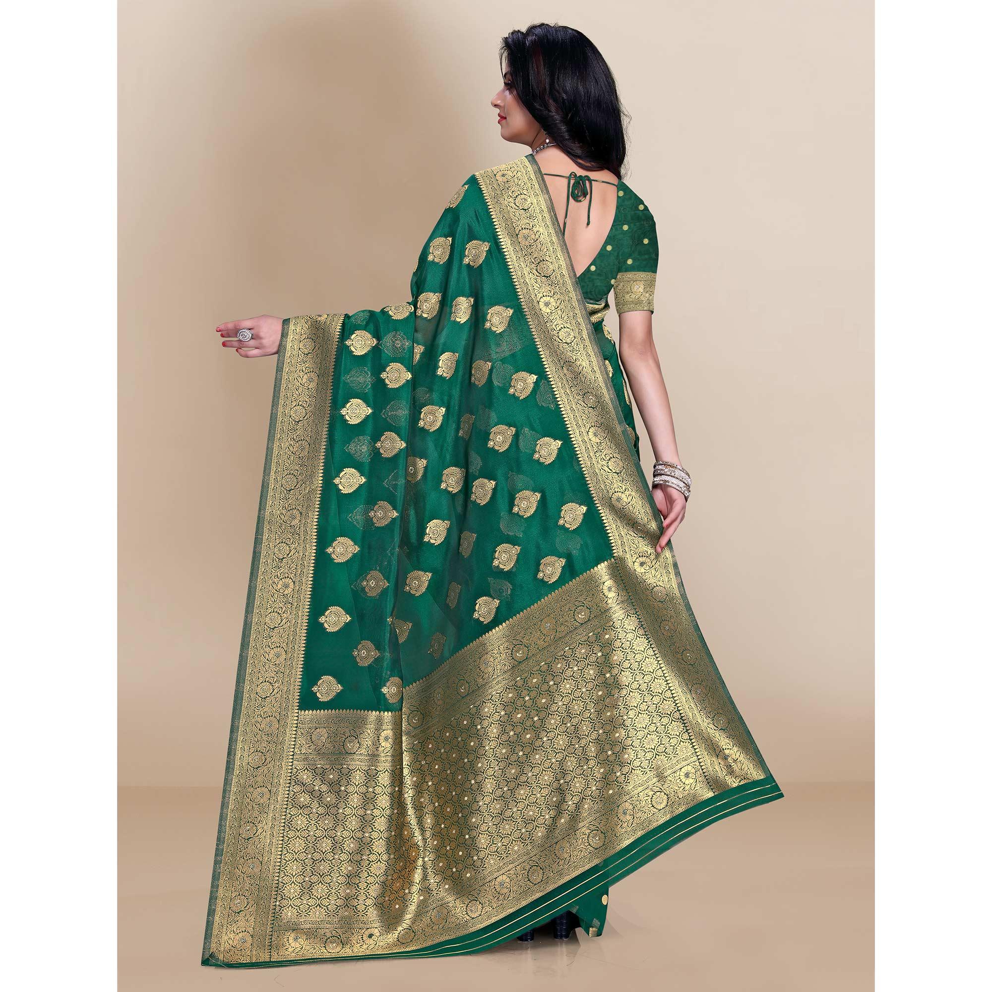 Green Festive Wear Woven Soft Banarasi Silk Saree - Peachmode