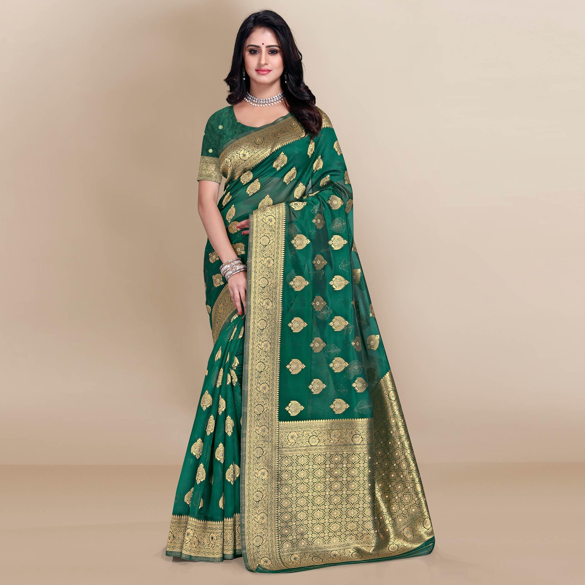 Green Festive Wear Woven Soft Banarasi Silk Saree - Peachmode