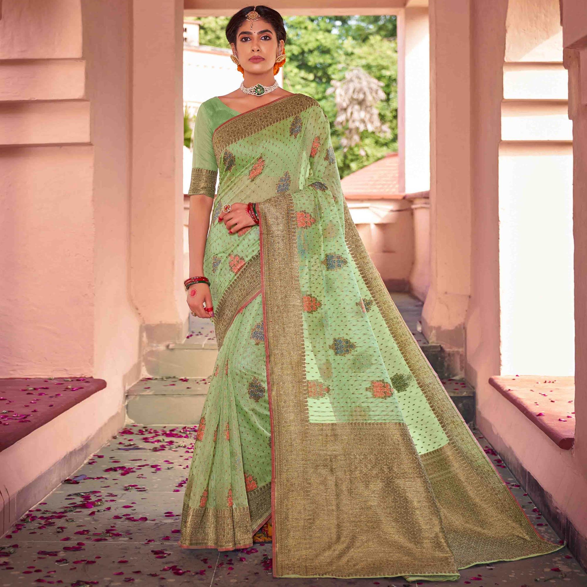 Green Festive Wear Woven Soft Cotton Saree - Peachmode