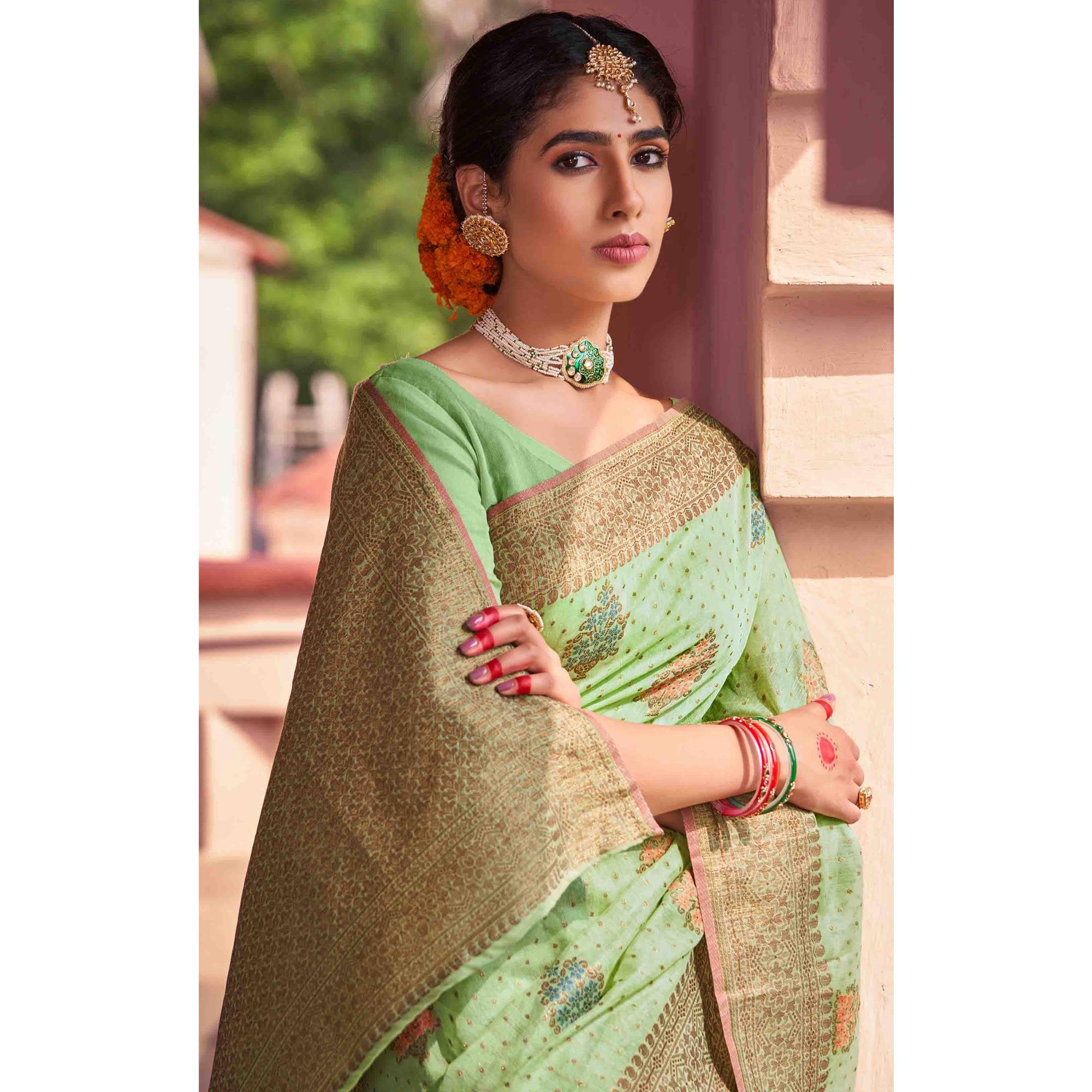 Green Festive Wear Woven Soft Cotton Saree - Peachmode