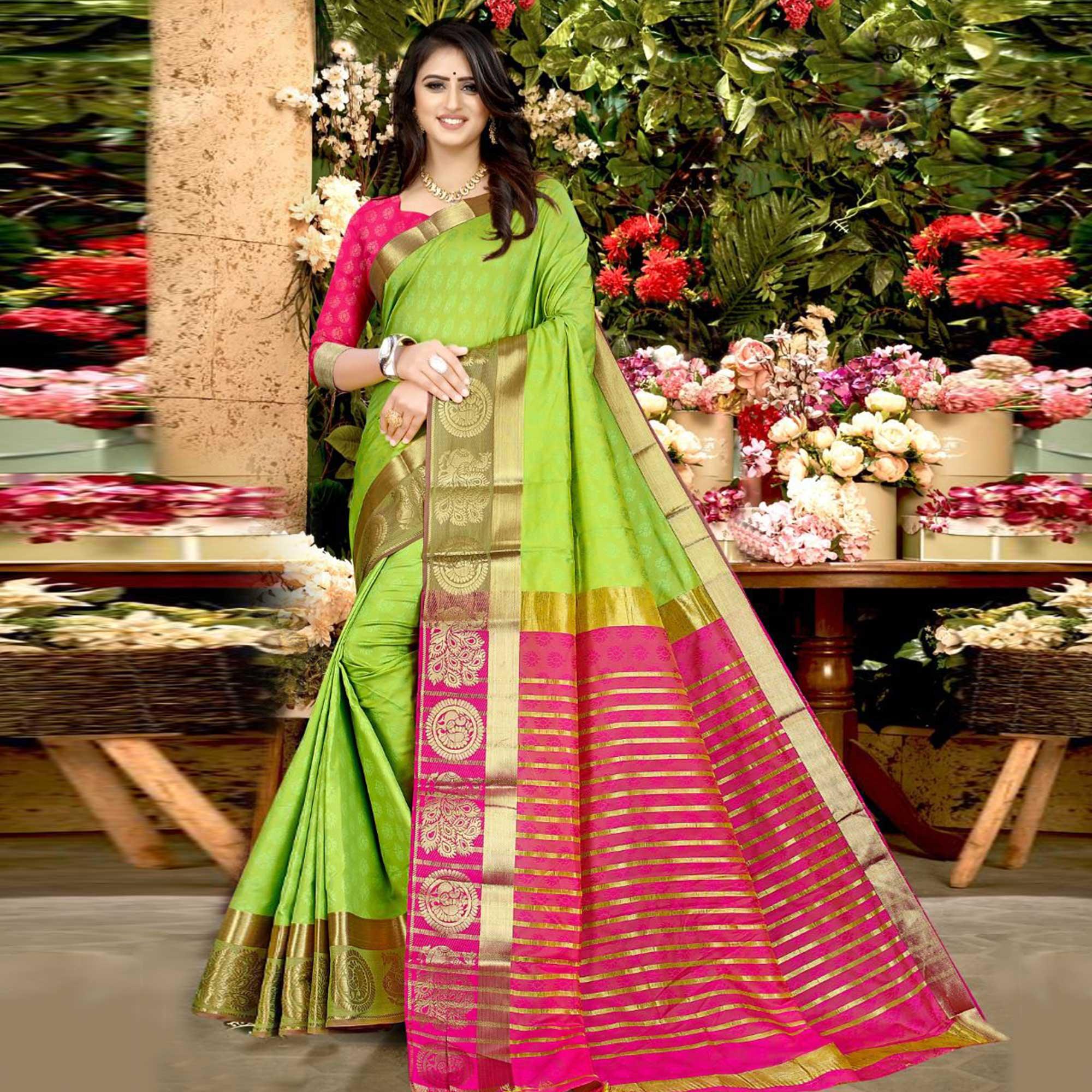 Green Festive Wear Woven Soft Silk Saree - Peachmode
