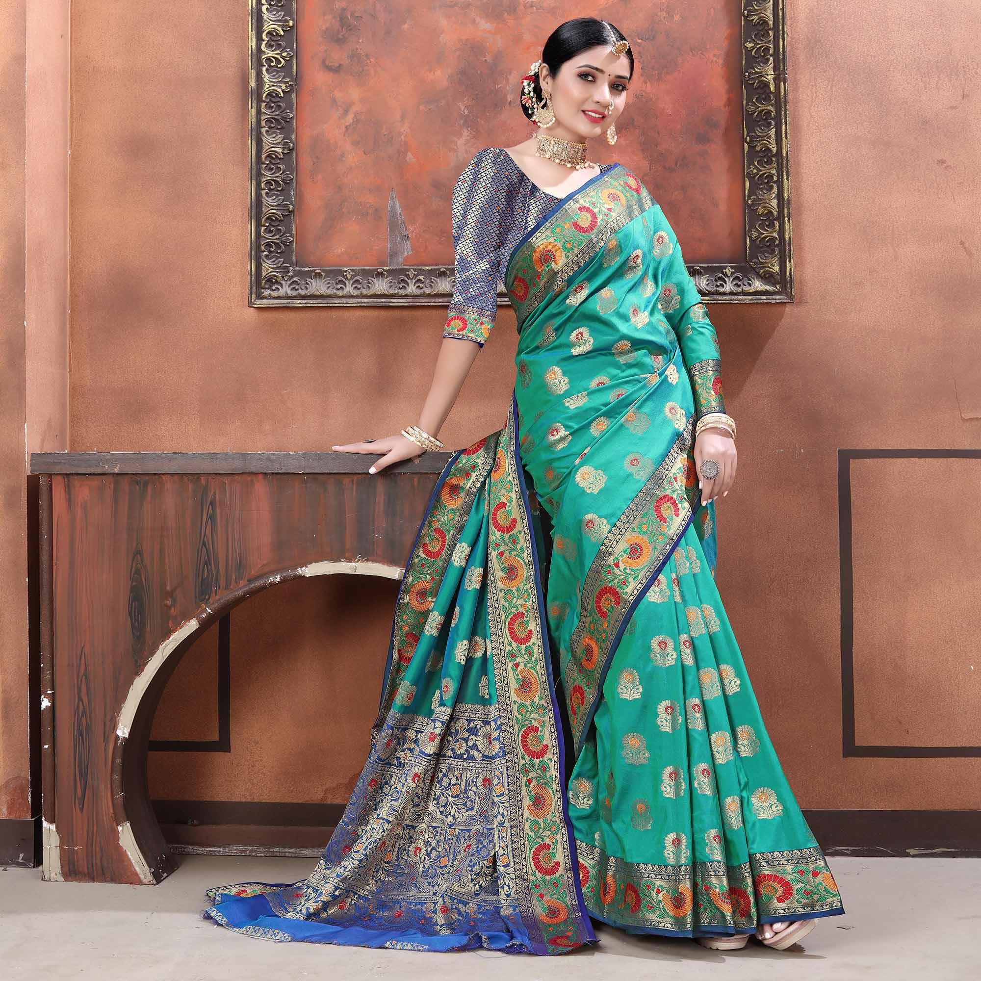 Green Festive Wear Woven Soft Silk Saree - Peachmode