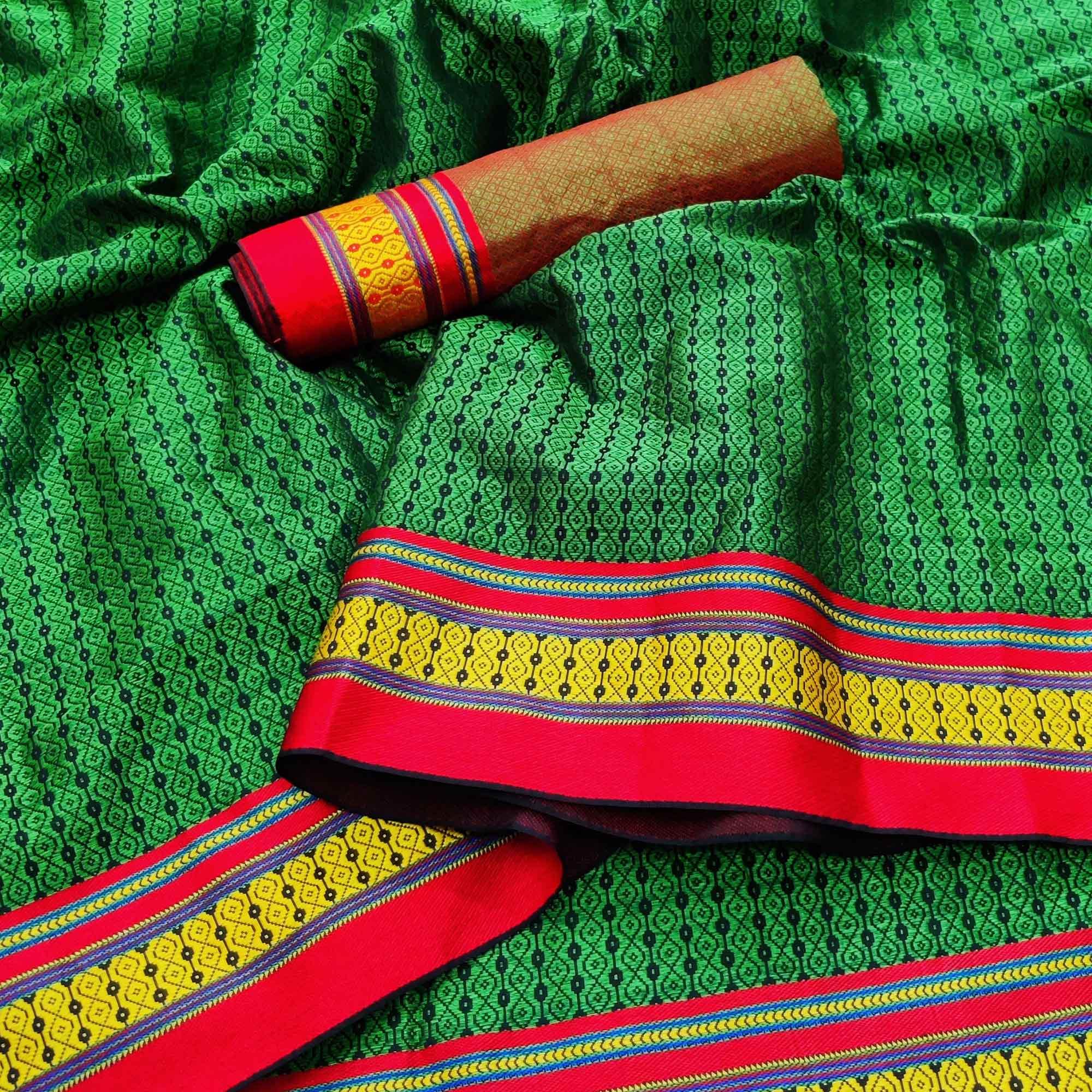 Green Festive Wear Woven Soft Silk Saree - Peachmode
